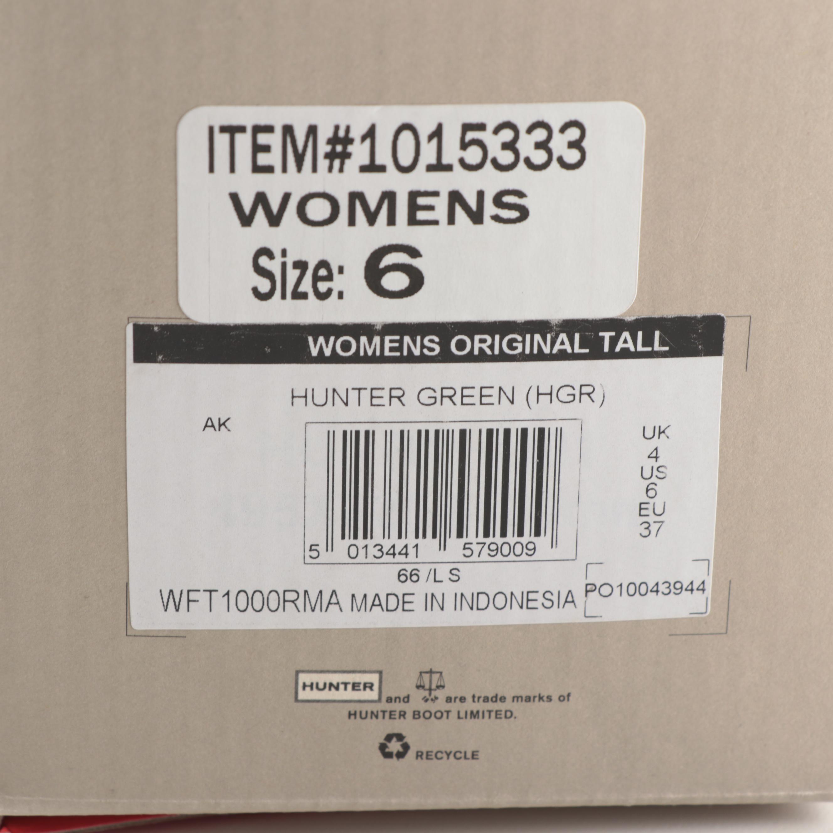 Hunter Original Tall Rain Boots in Matte Green with Box, Size 6