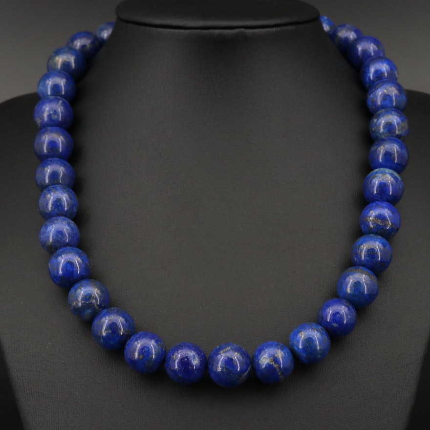 Single Strand Lapis Lazuli Beaded Necklace with Sterling Silver Clasp