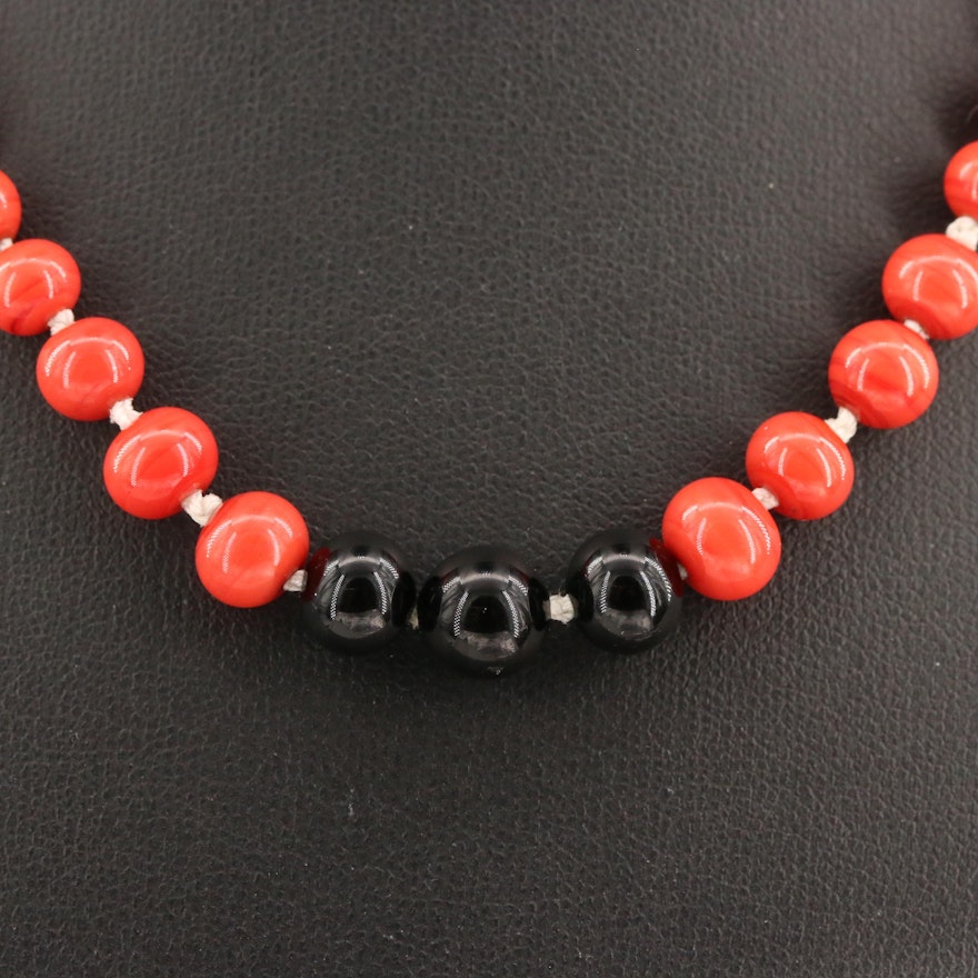 Graduated Red and Black Glass Beaded Necklace with 14K Clasp