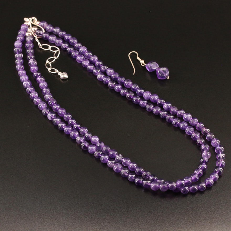 Sterling Silver Amethyst Bead Necklace and Single Drop Earring