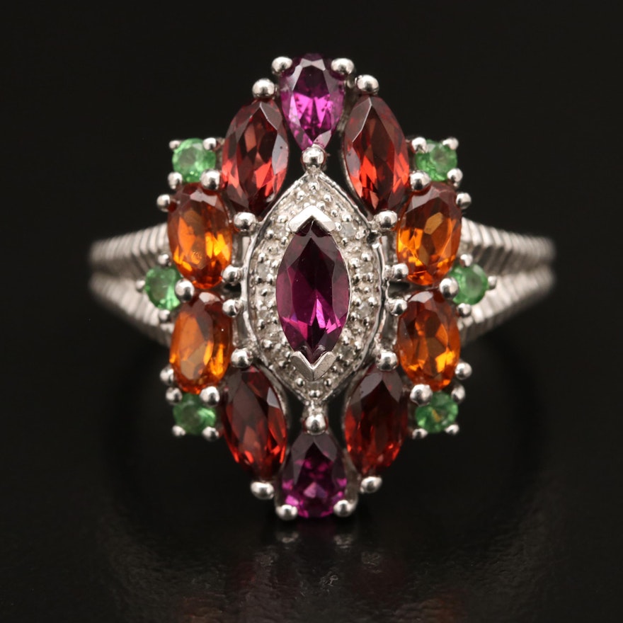 Sterling Silver Garnet, Diamond and Tsavorite Ring