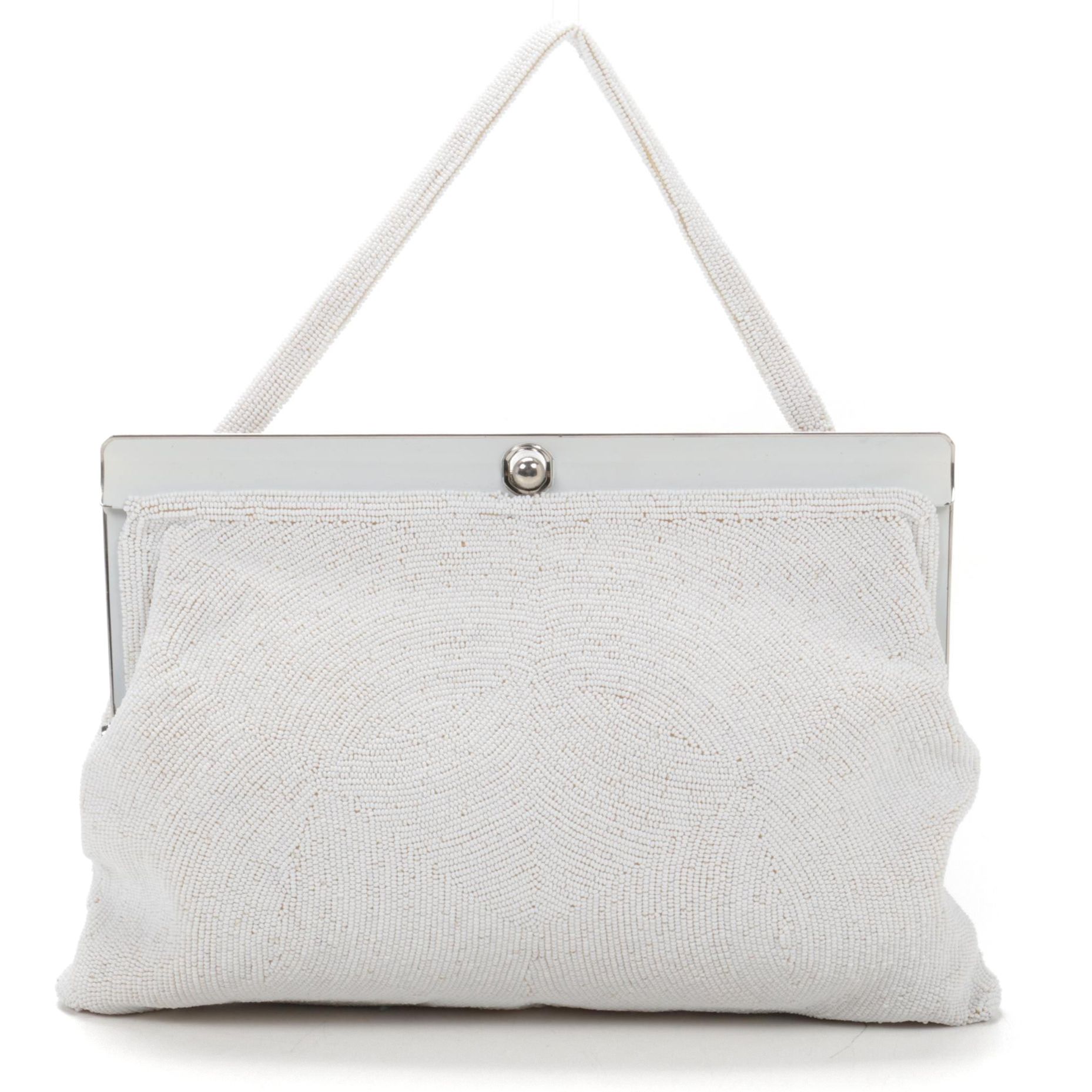 Walborg White Beaded Handbag with Satin Lining, Made in Belgium