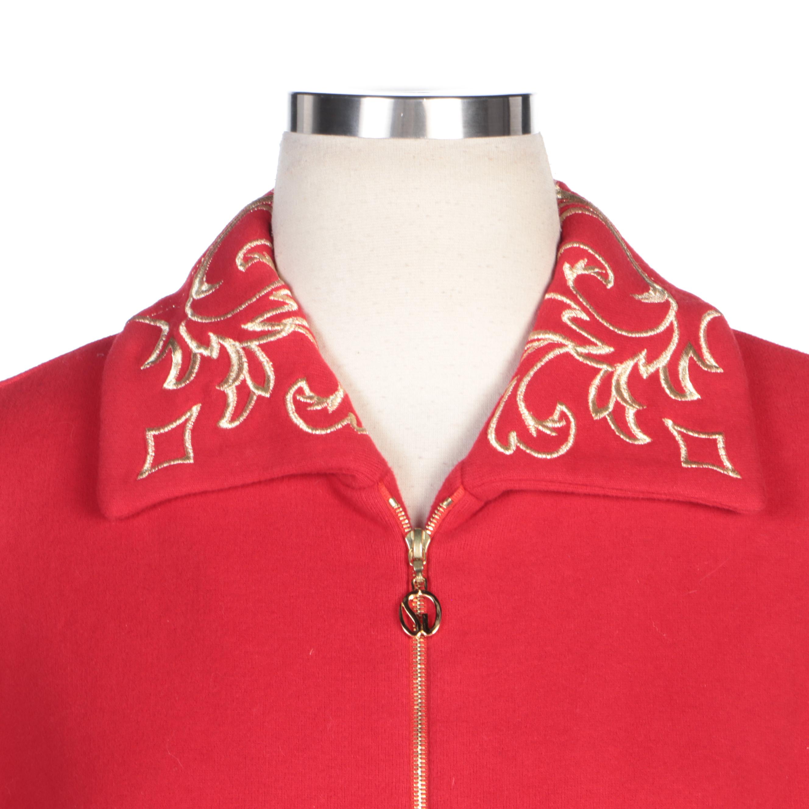 St. John Sport by Marie Gray Red Tracksuit with Gold Metallic Embroidery