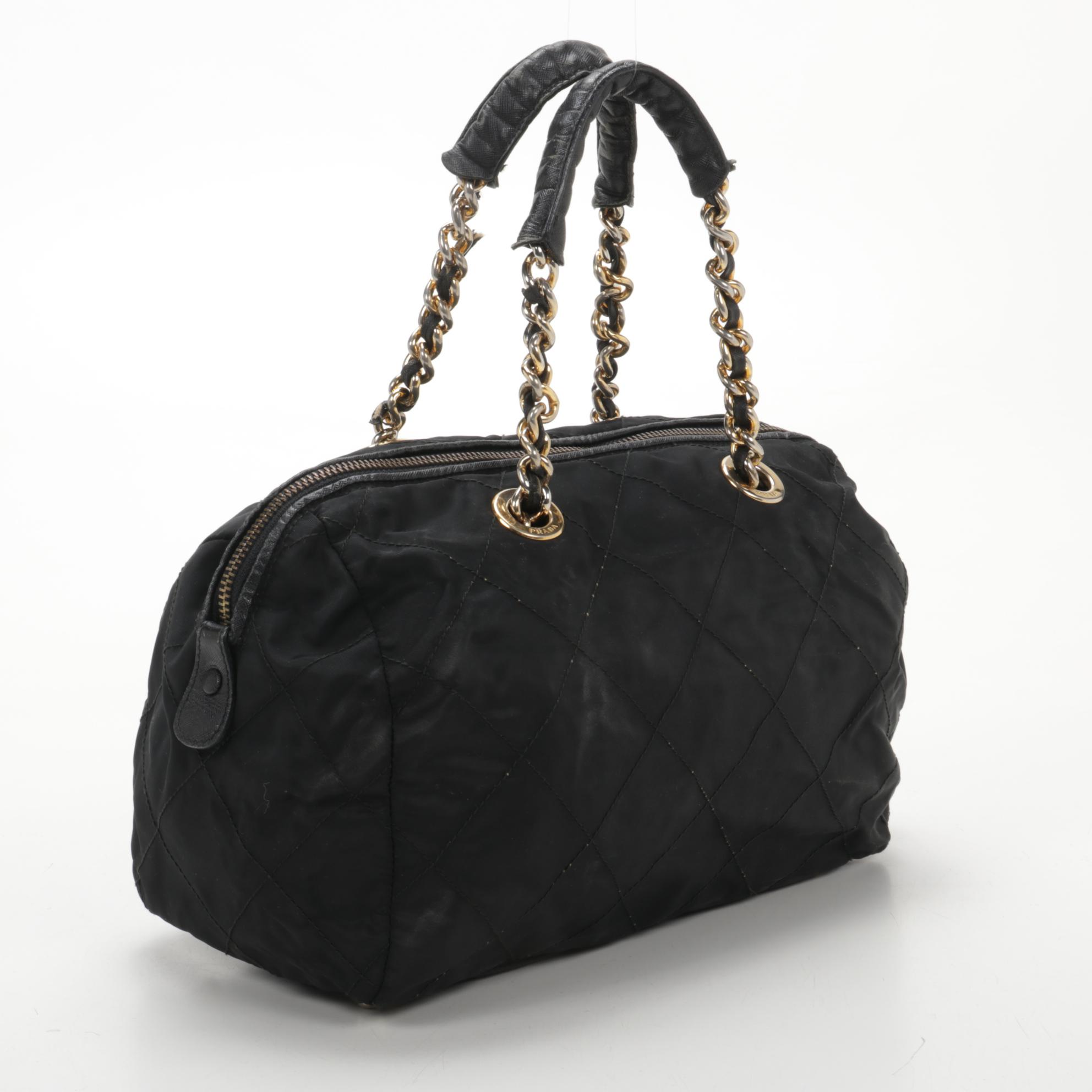 Prada Chain Strap Shoulder Bag in Quilted Black Tessuto Nylon and Leather