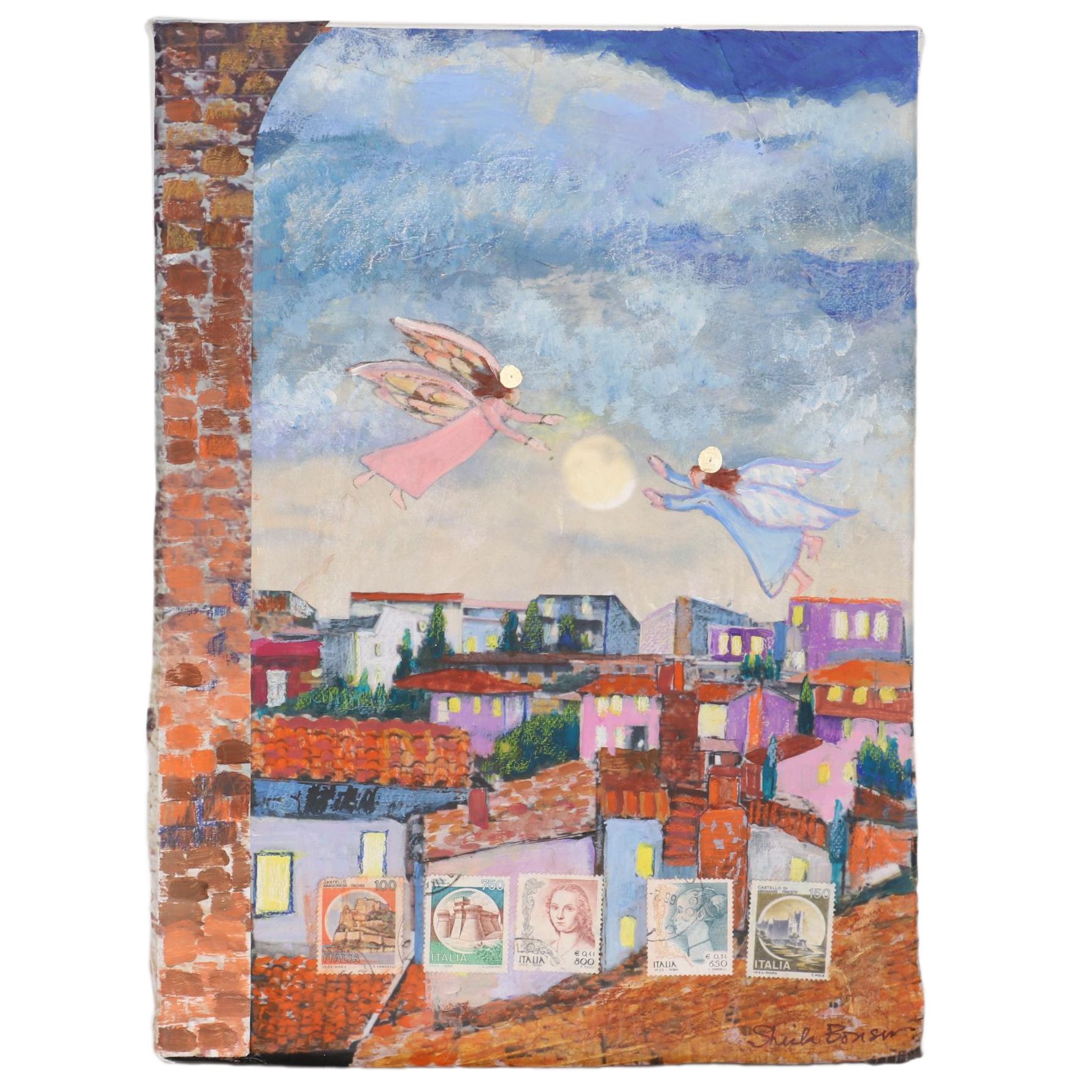 Sheila Bonser Mixed Media Paper Collage "Giotto's Angels," 21st Century