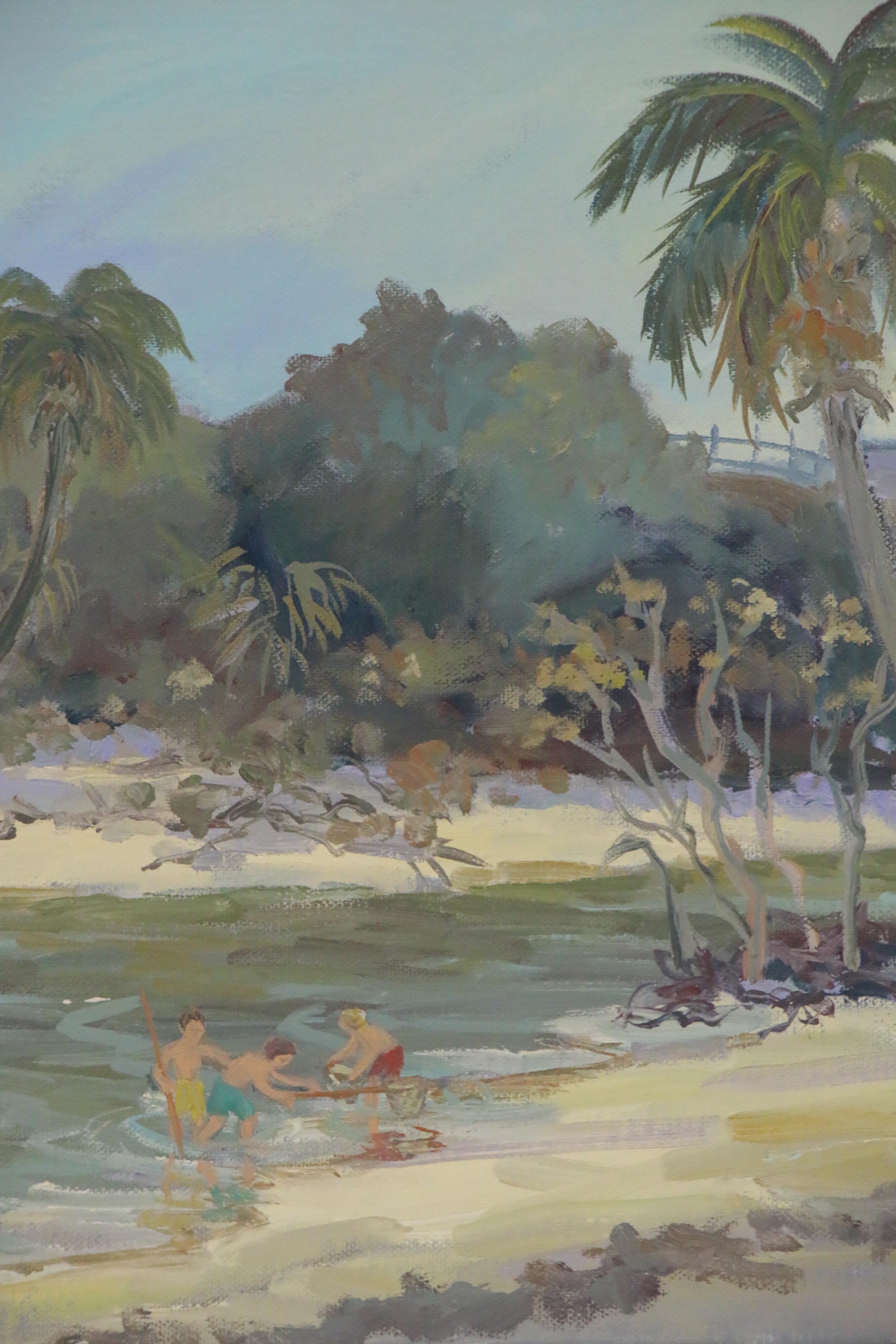 Mary Mirabito Oil Painting "Catching Crabs at DuBois Park," 21st Century