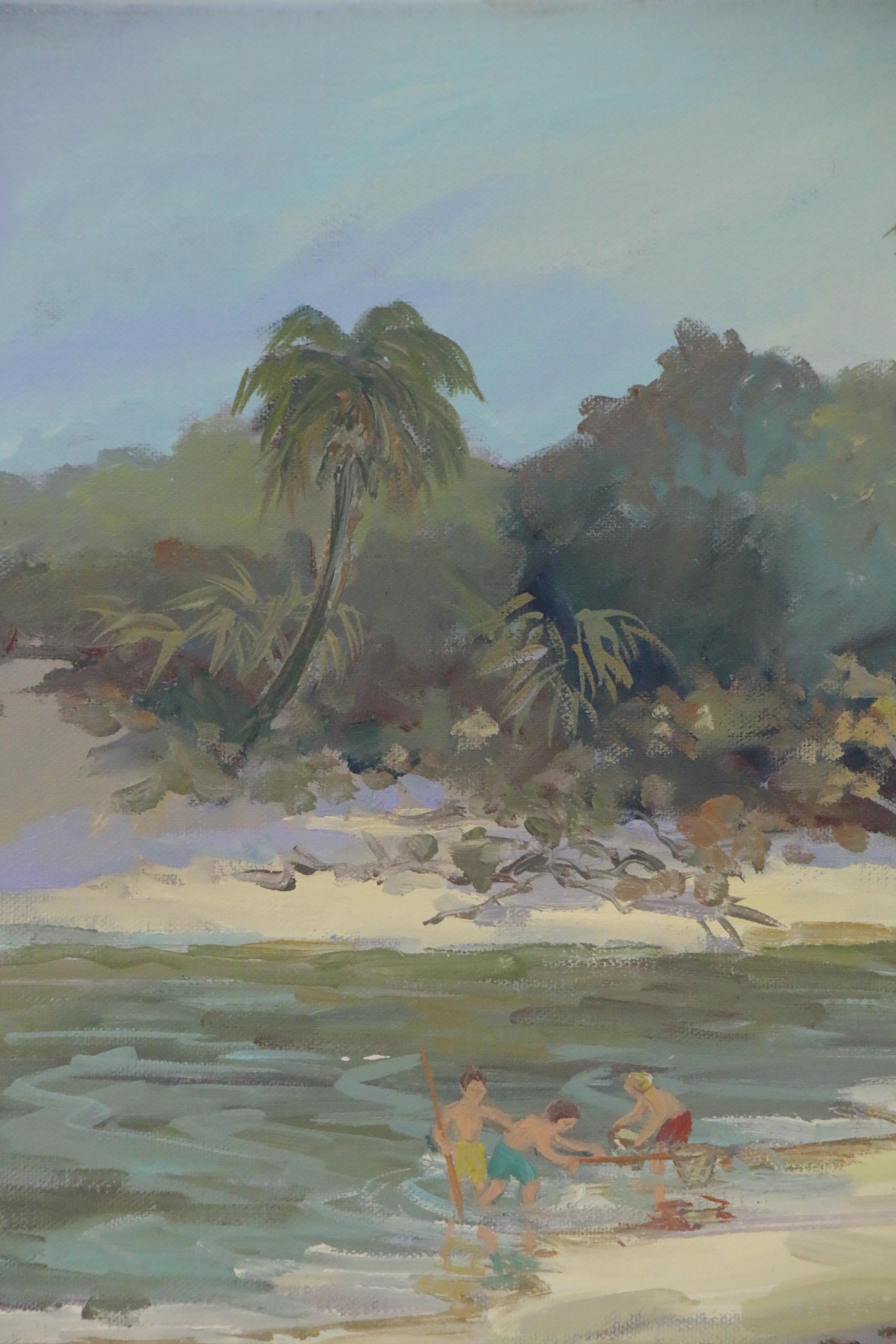 Mary Mirabito Oil Painting "Catching Crabs at DuBois Park," 21st Century