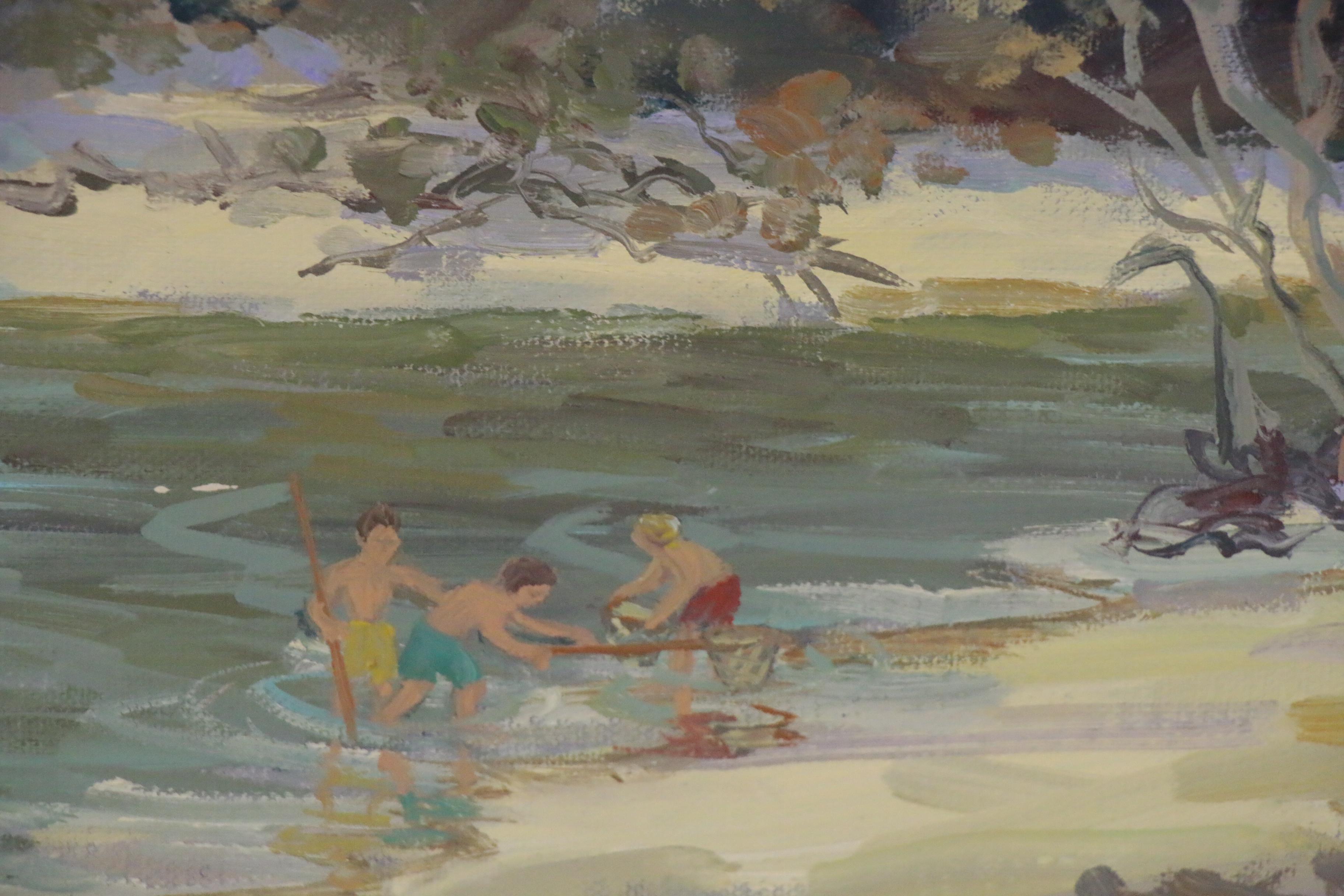 Mary Mirabito Oil Painting "Catching Crabs at DuBois Park," 21st Century