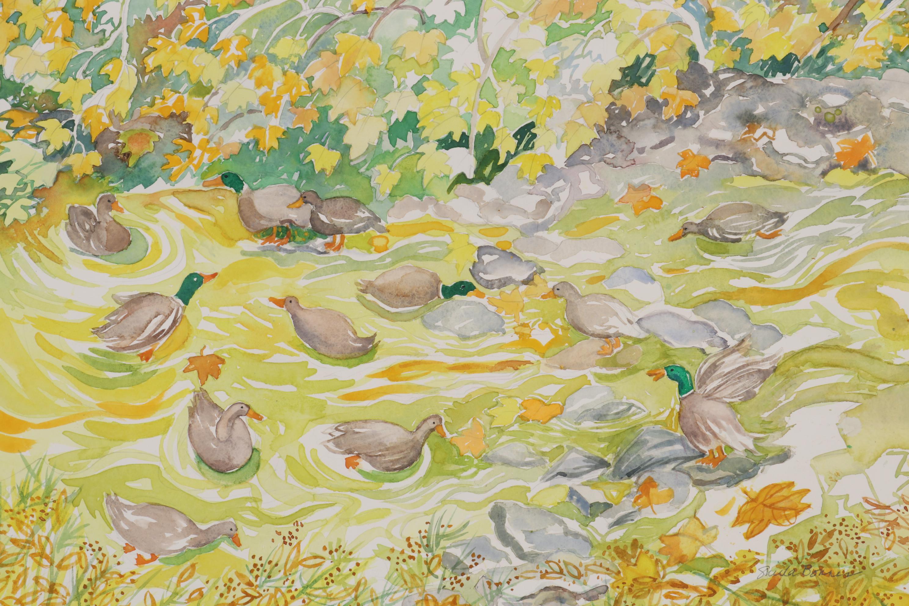 Sheila Bonser Watercolor Painting "Duck Pond," 21st Century