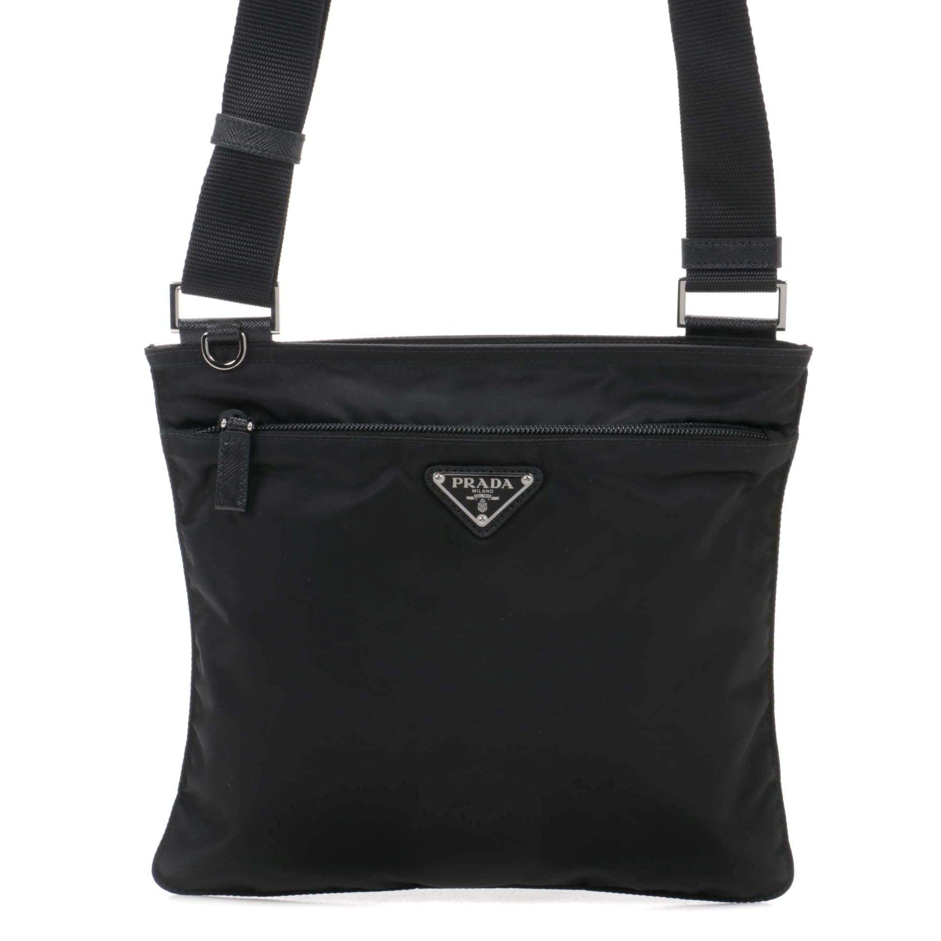 Prada Medium Zip Messenger Bag in Black Tessuto Nylon