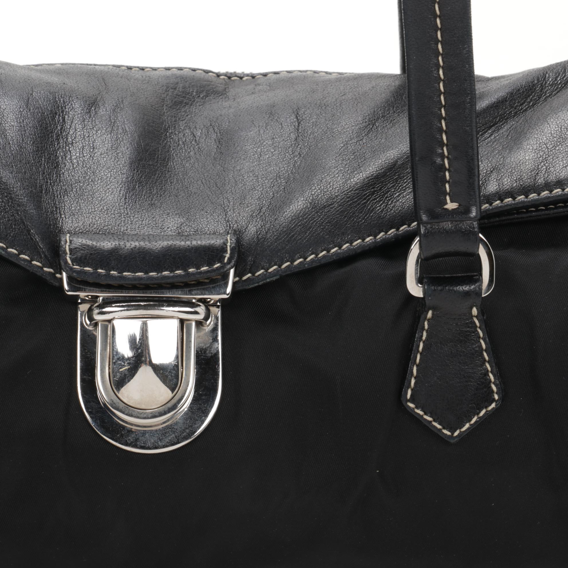 Prada Flap Front Shoulder Bag in Black Tessuto Nylon and Leather