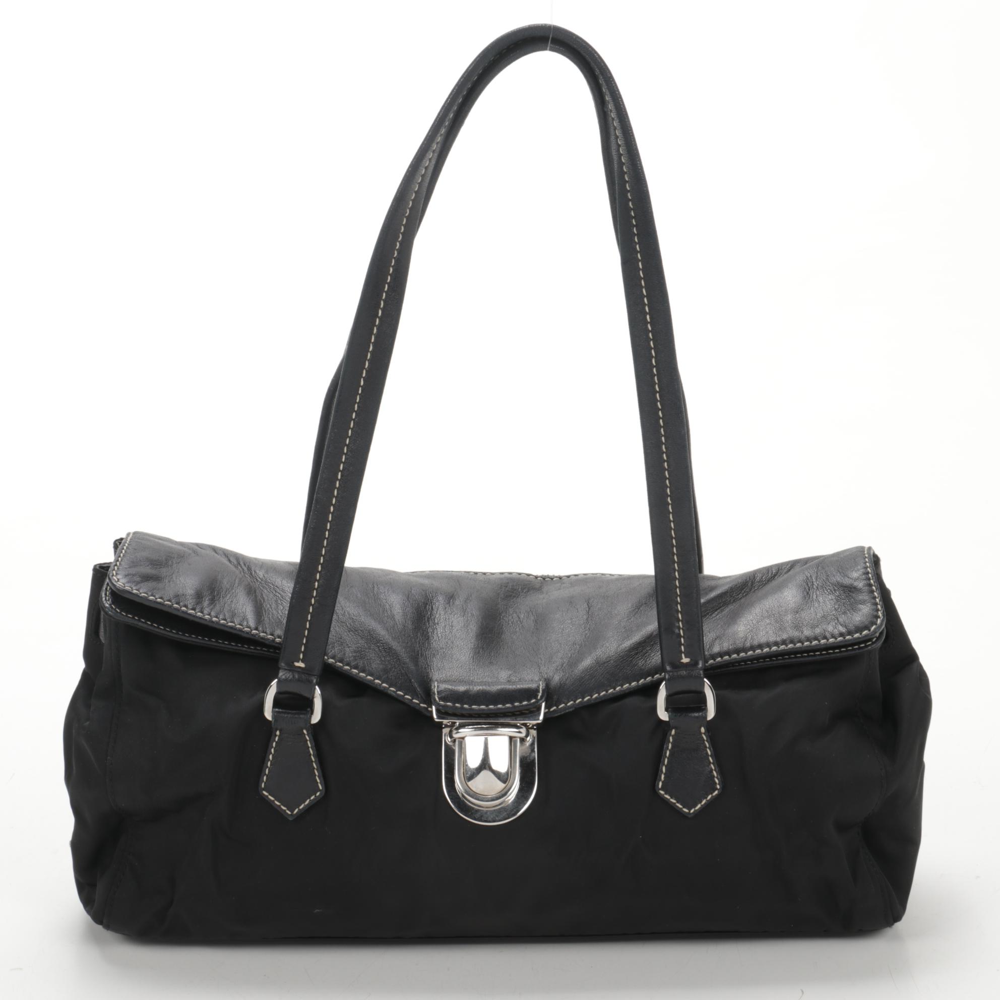 Prada Flap Front Shoulder Bag in Black Tessuto Nylon and Leather
