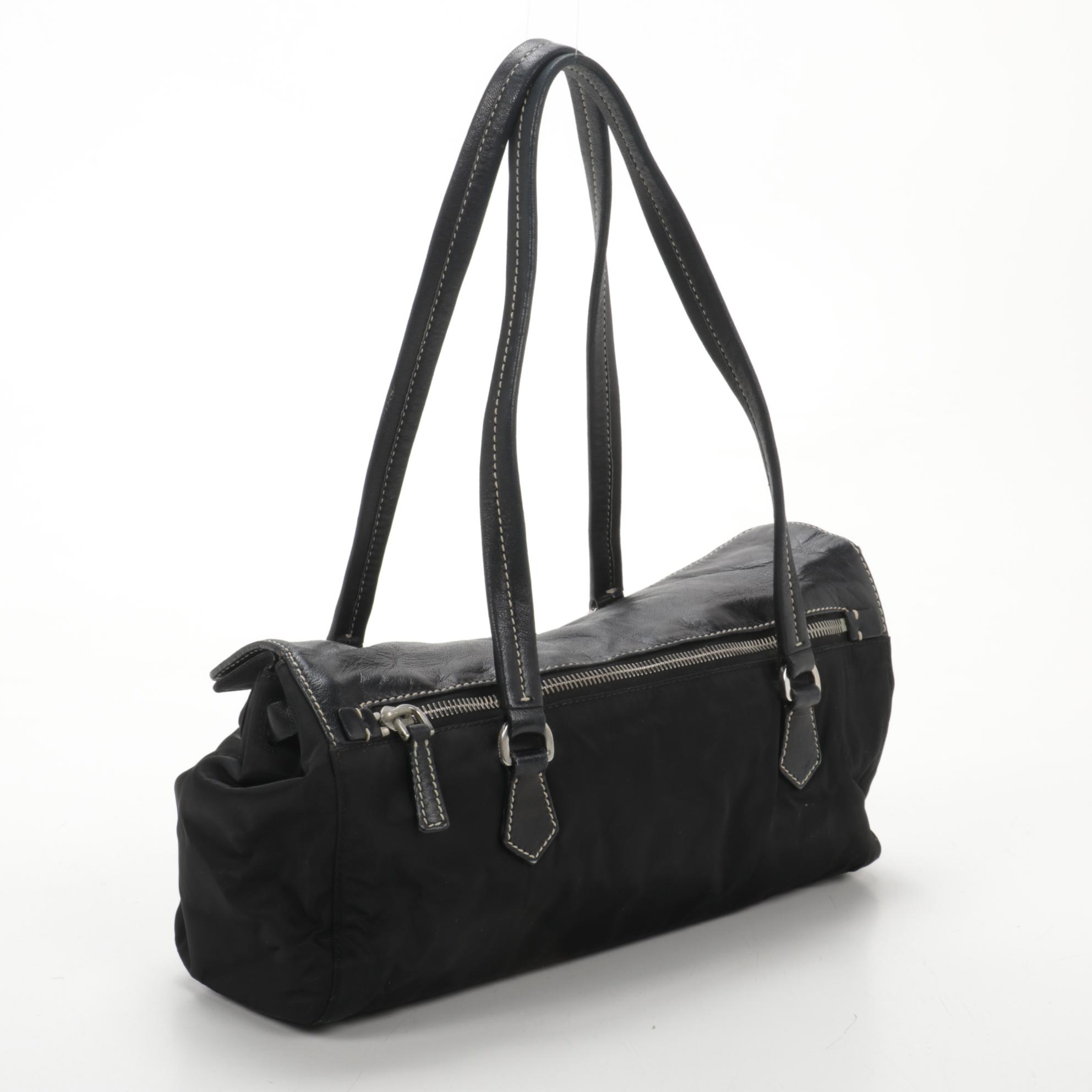 Prada Flap Front Shoulder Bag in Black Tessuto Nylon and Leather