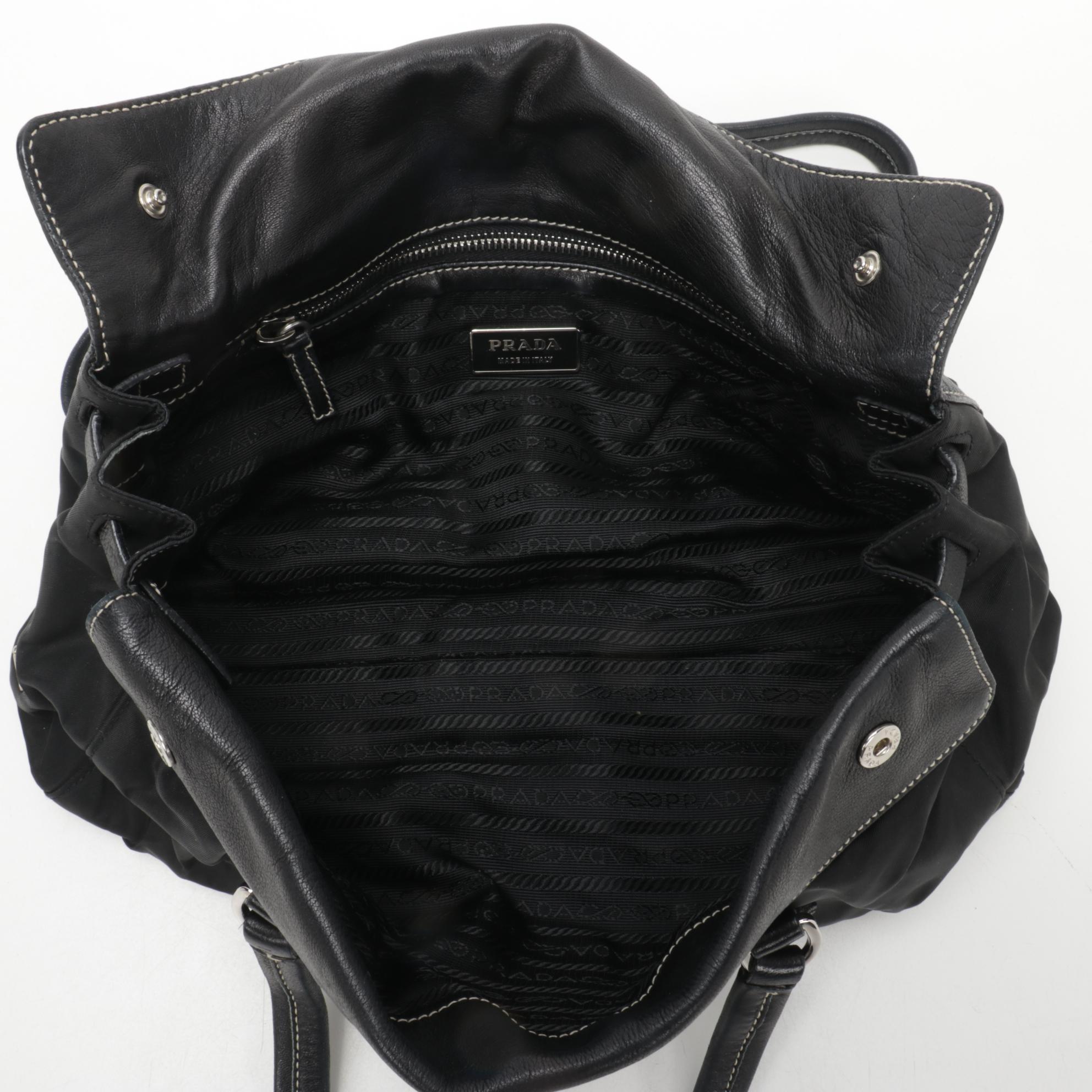 Prada Flap Front Shoulder Bag in Black Tessuto Nylon and Leather