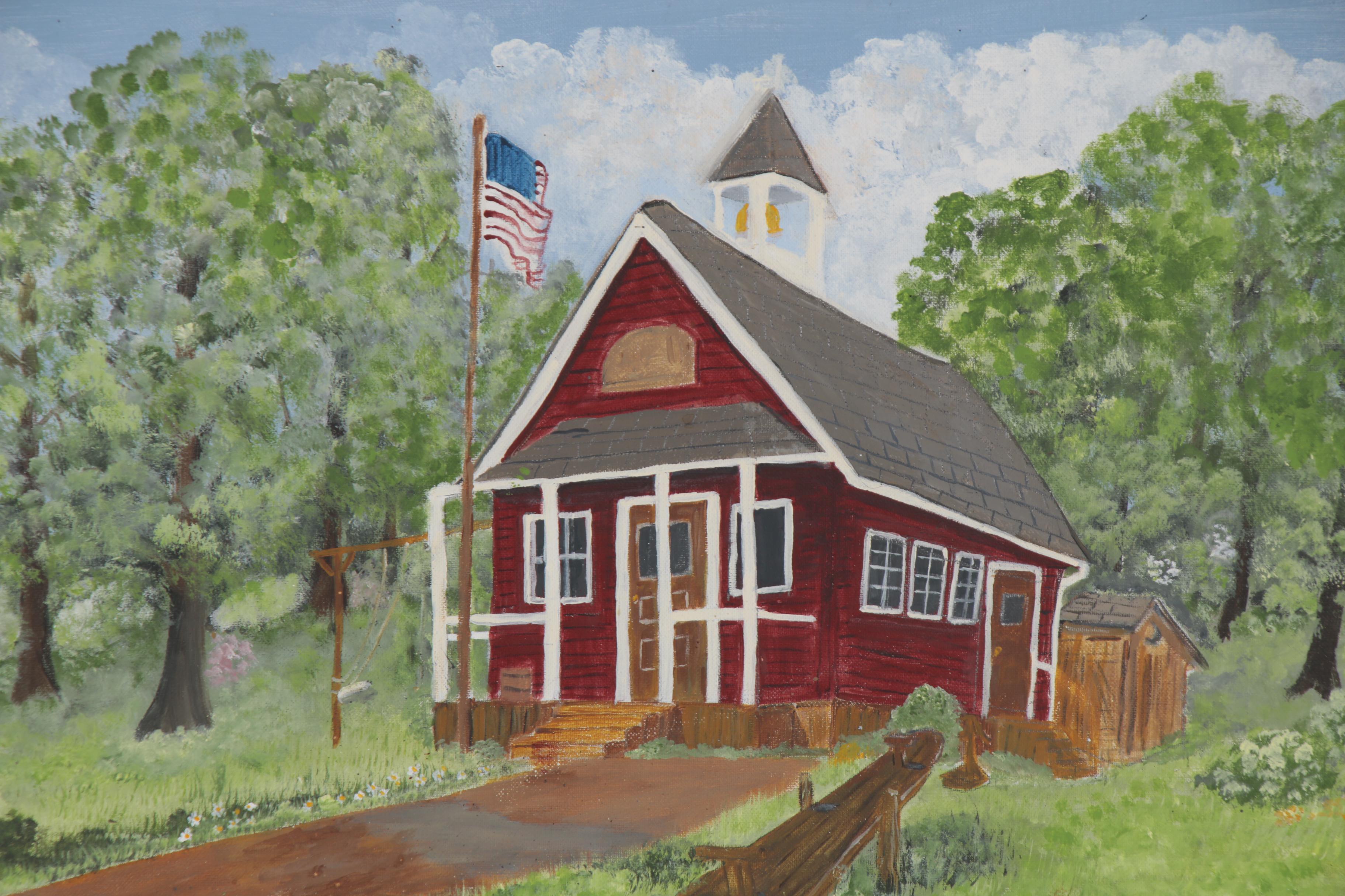 Wanda Locke Folk Art Acrylic Painting of Schoolhouse, 2005