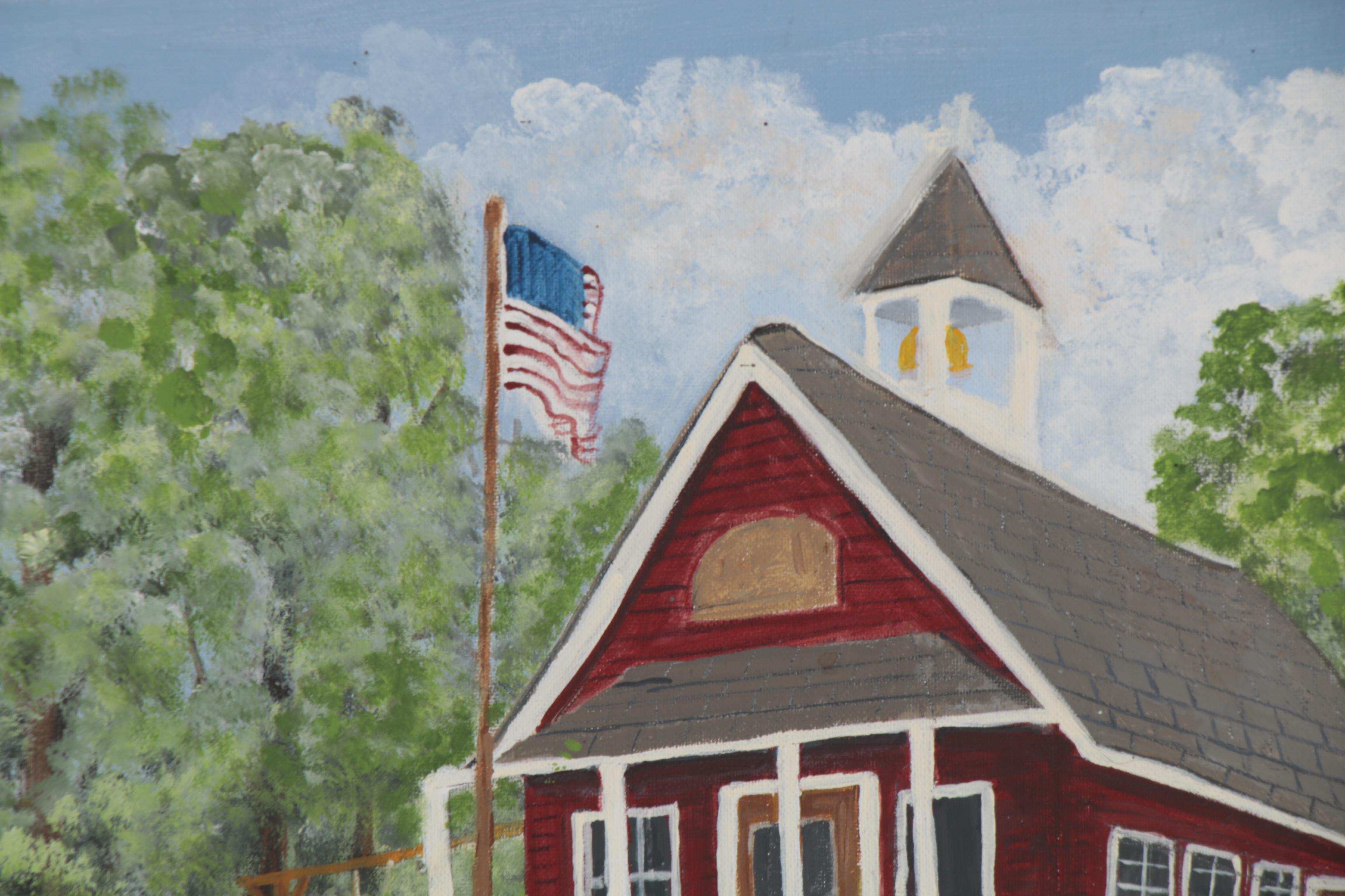 Wanda Locke Folk Art Acrylic Painting of Schoolhouse, 2005