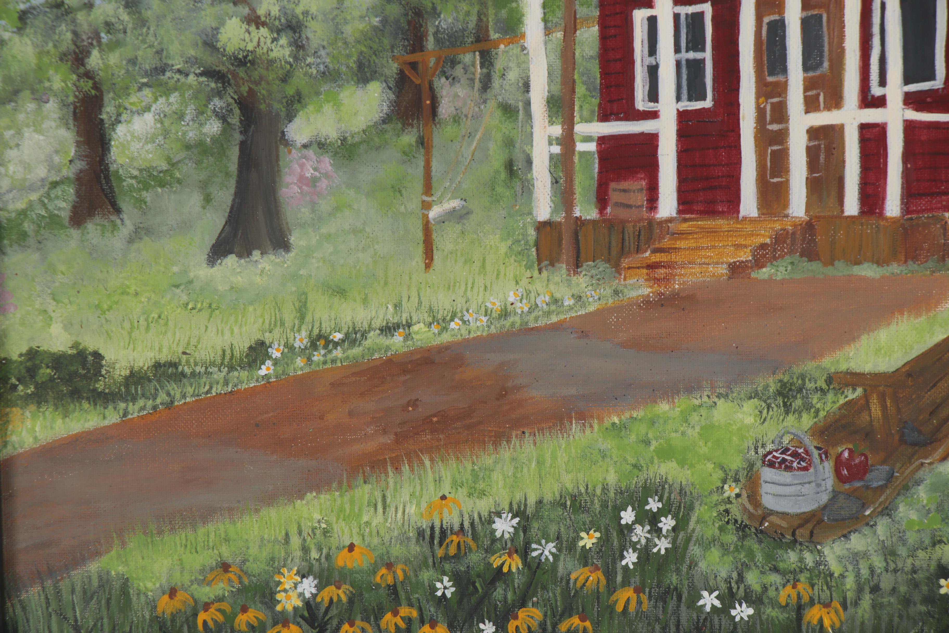 Wanda Locke Folk Art Acrylic Painting of Schoolhouse, 2005