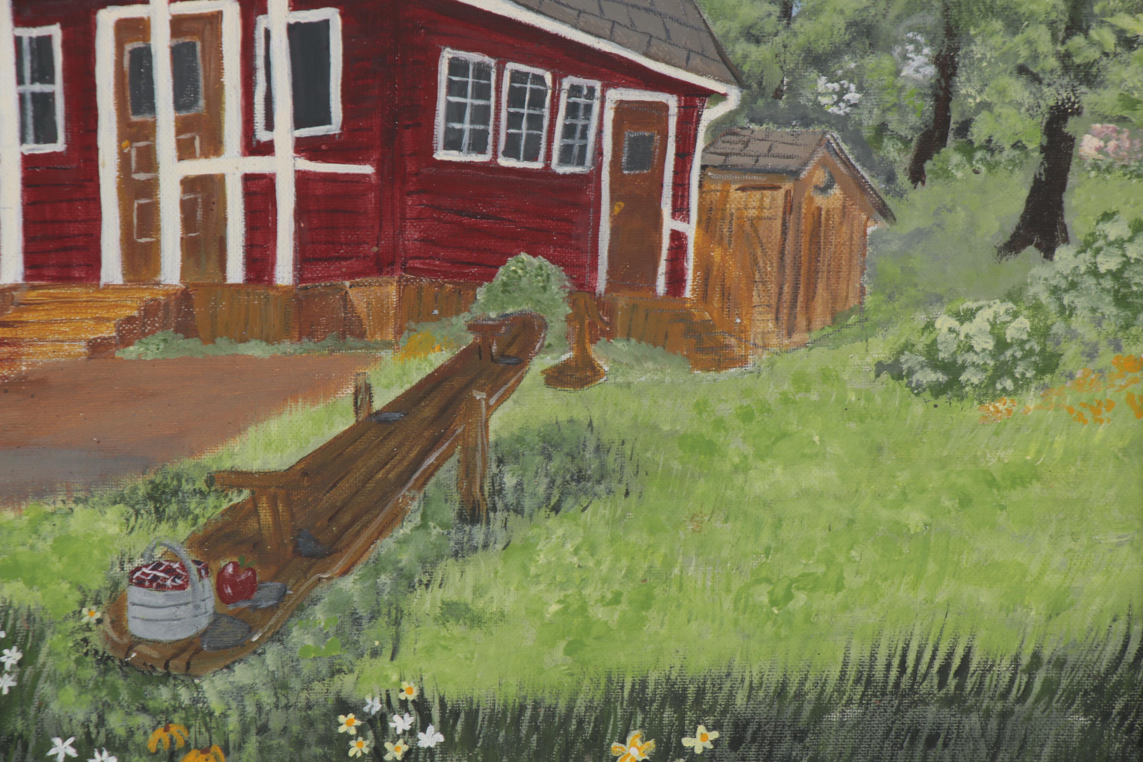 Wanda Locke Folk Art Acrylic Painting of Schoolhouse, 2005