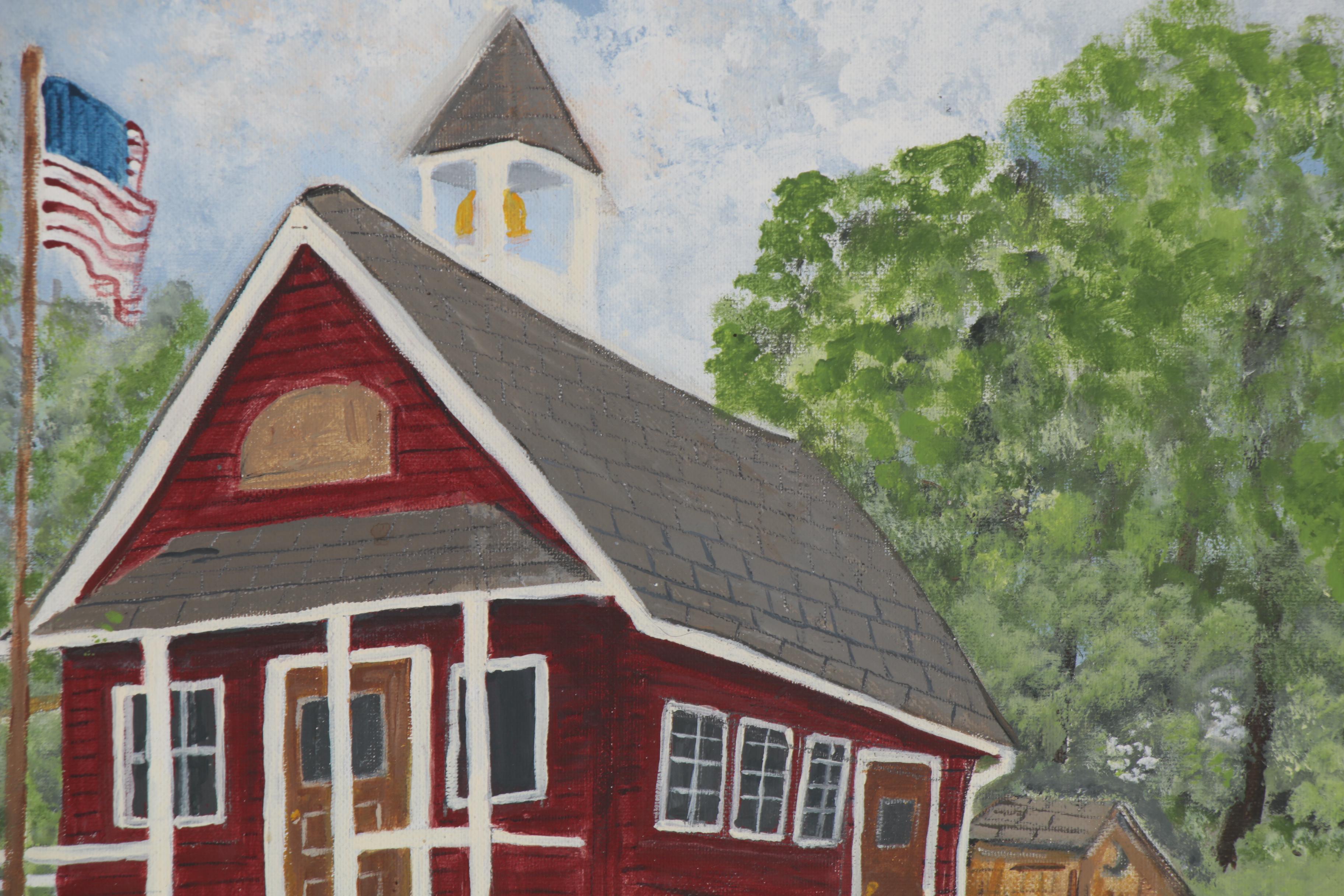 Wanda Locke Folk Art Acrylic Painting of Schoolhouse, 2005