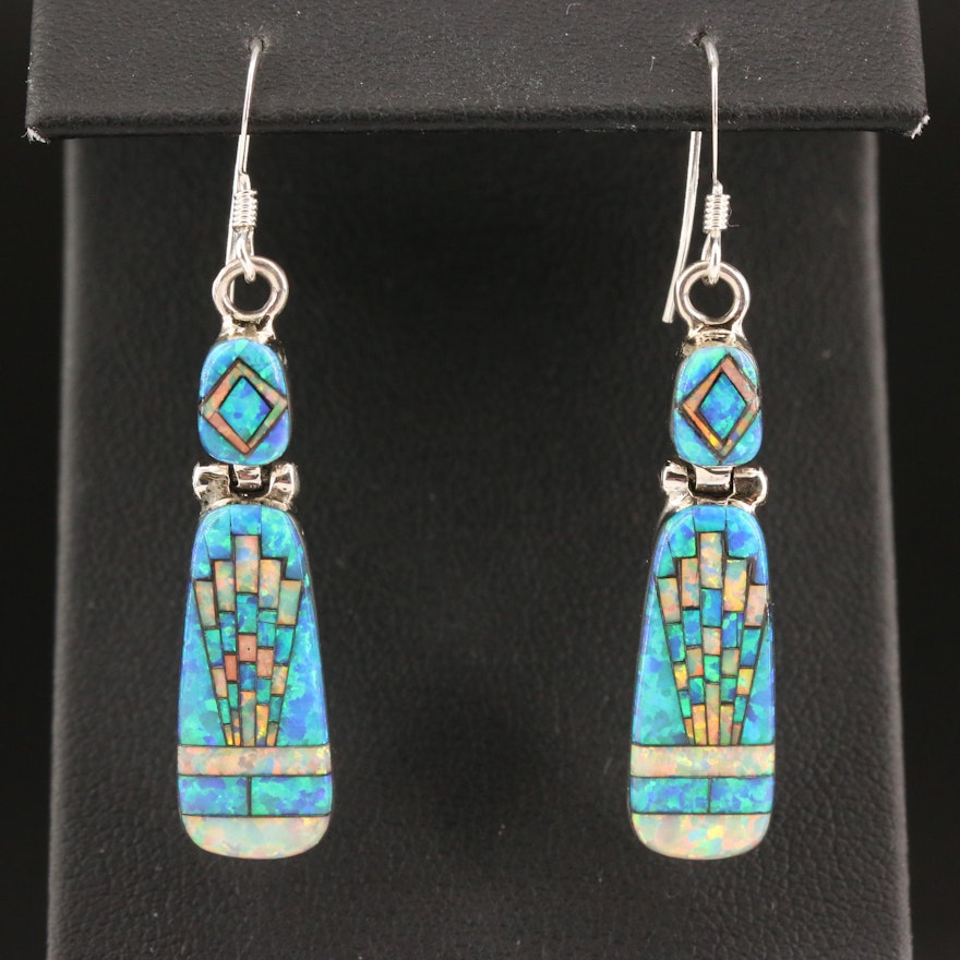 Signed Western Sterling Silver Opal Inlay Drop Earrings