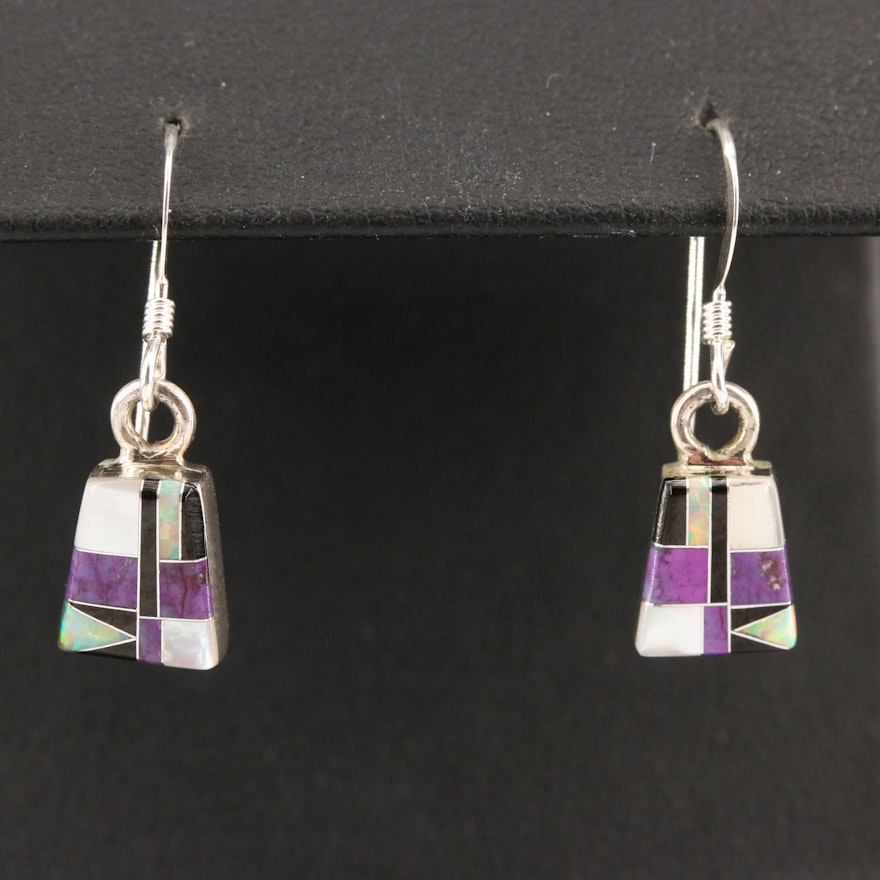 Signed Western Style Sterling Silver Gemstone Inlay Drop Earrings