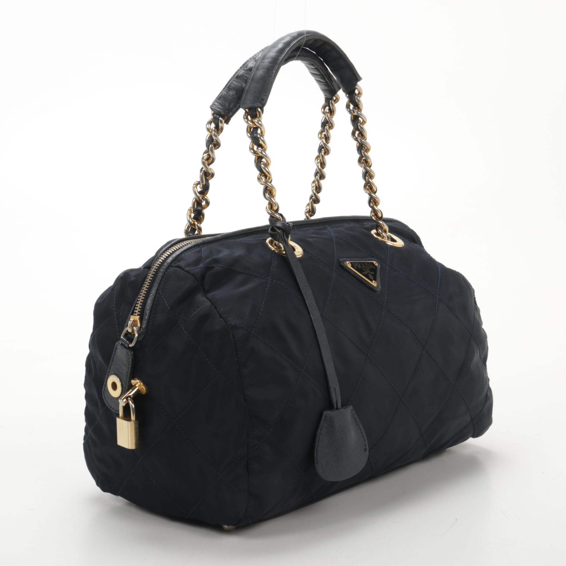 Prada Chain Strap Shoulder Bag in Quilted Navy Blue Tessuto Nylon