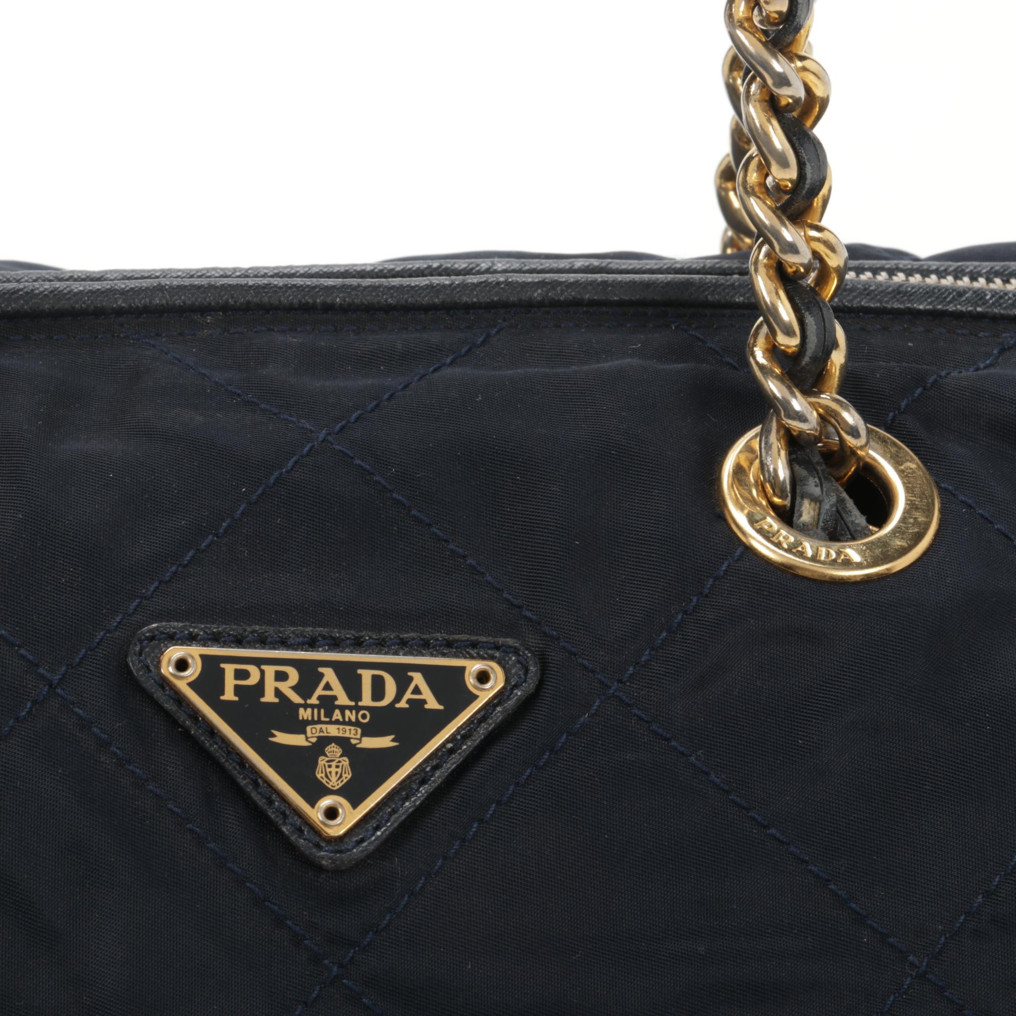 Prada Chain Strap Shoulder Bag in Quilted Navy Blue Tessuto Nylon
