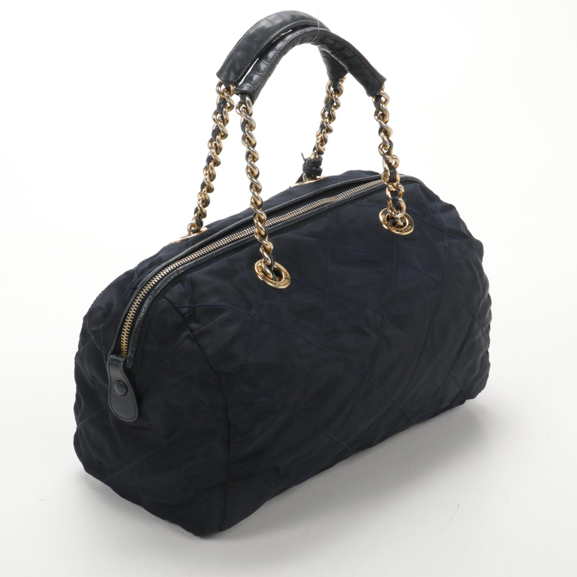Prada Chain Strap Shoulder Bag in Quilted Navy Blue Tessuto Nylon