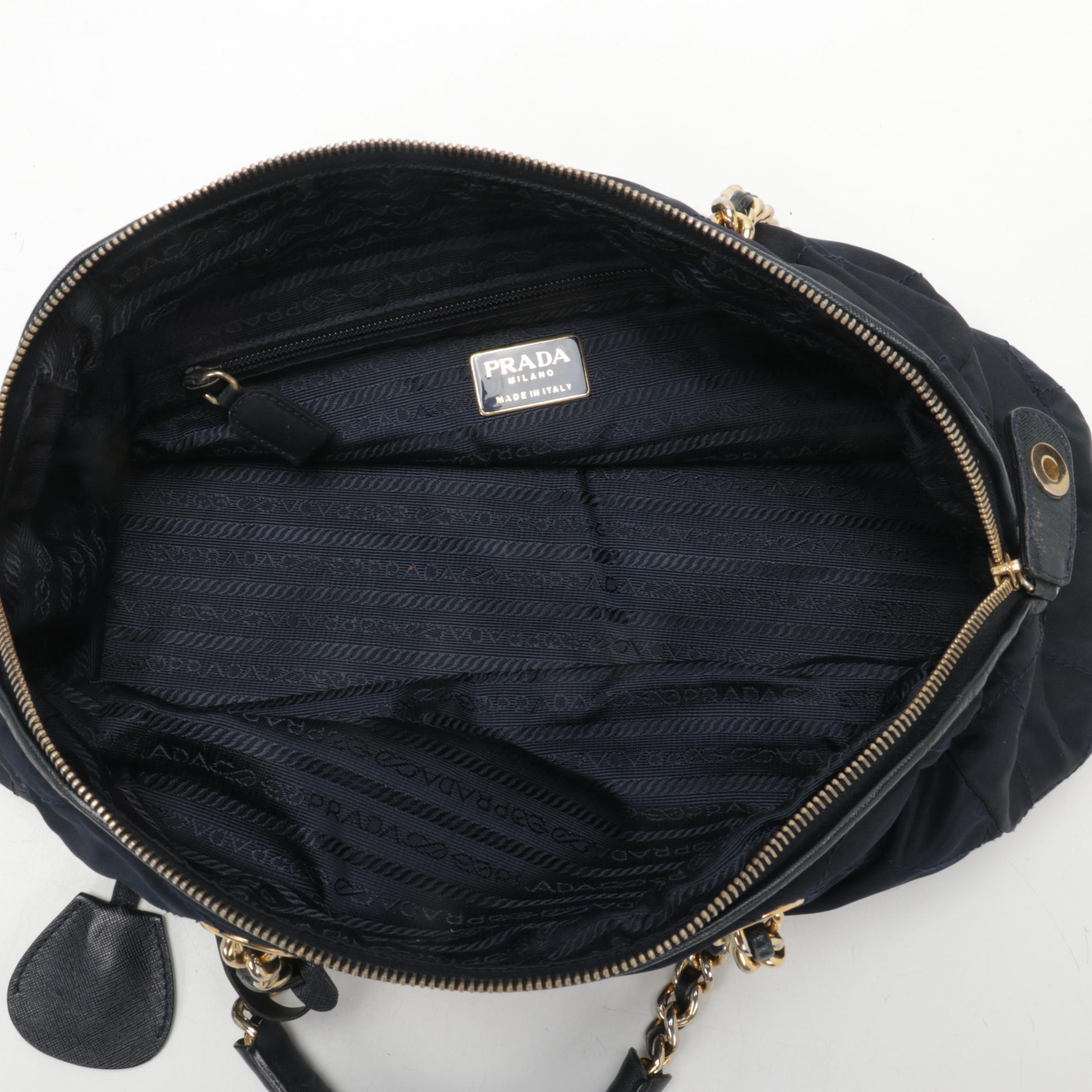 Prada Chain Strap Shoulder Bag in Quilted Navy Blue Tessuto Nylon