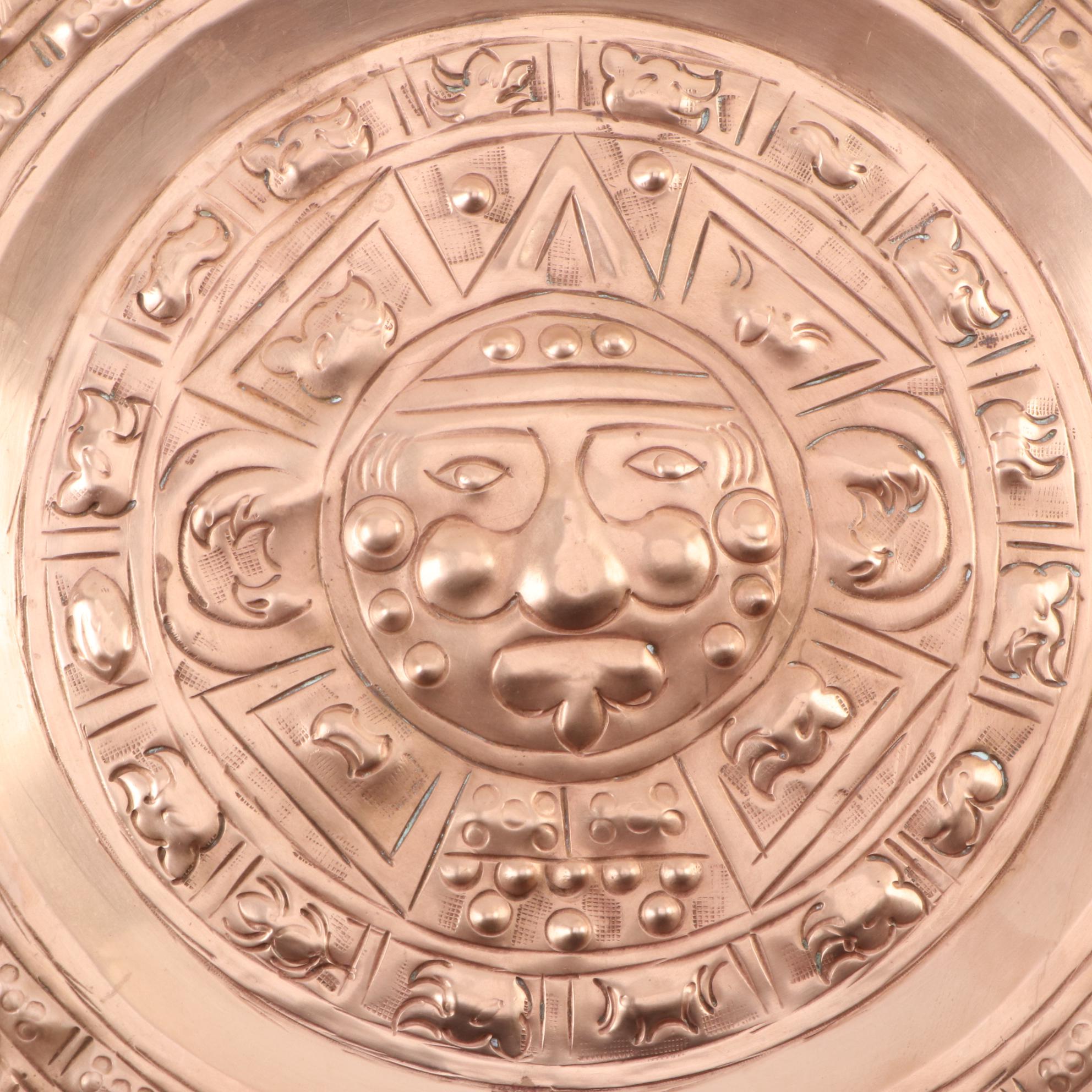 J.G.G. Mexico Aztec Calendar Style Repoussé Copper Wall Plaque