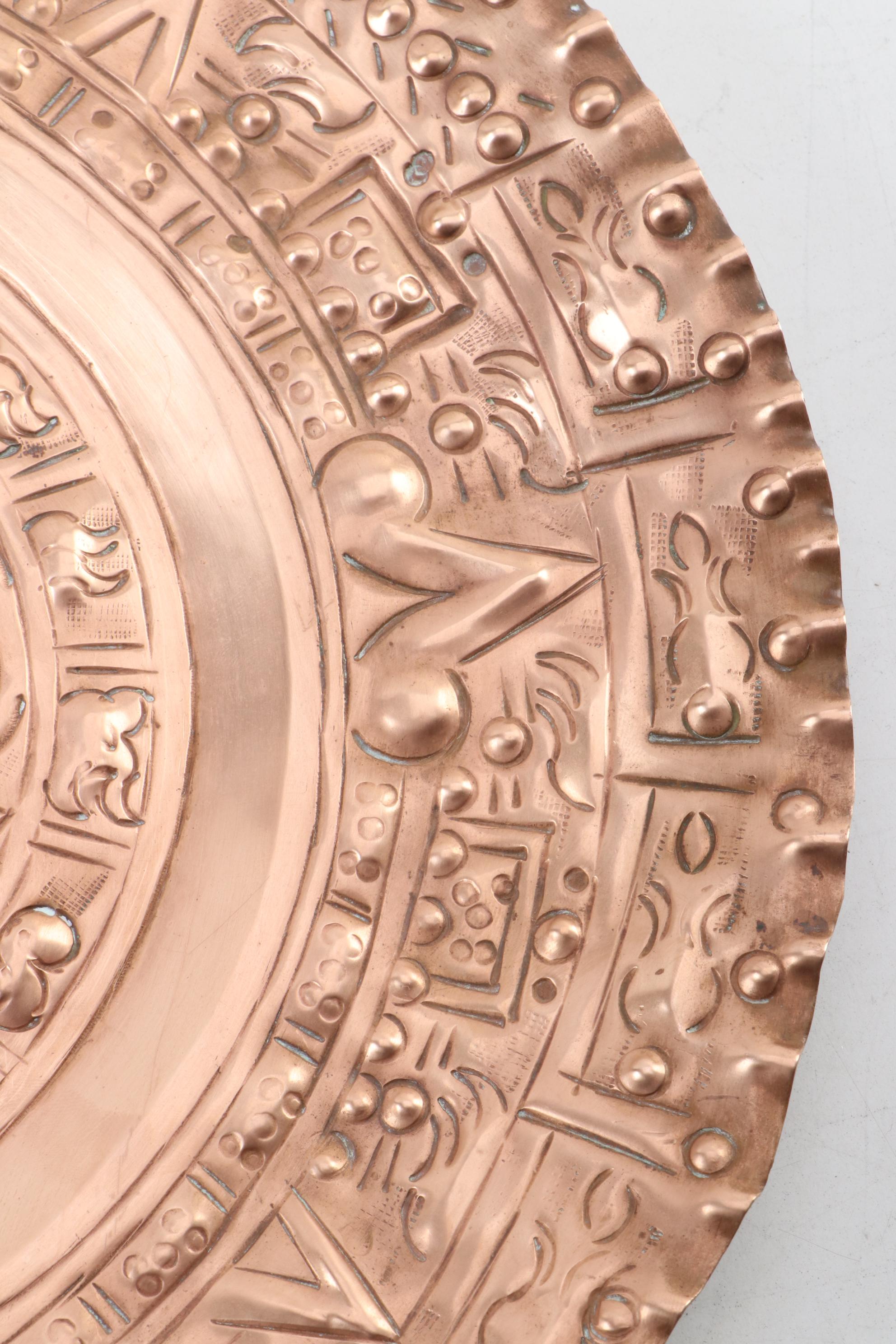 J.G.G. Mexico Aztec Calendar Style Repoussé Copper Wall Plaque