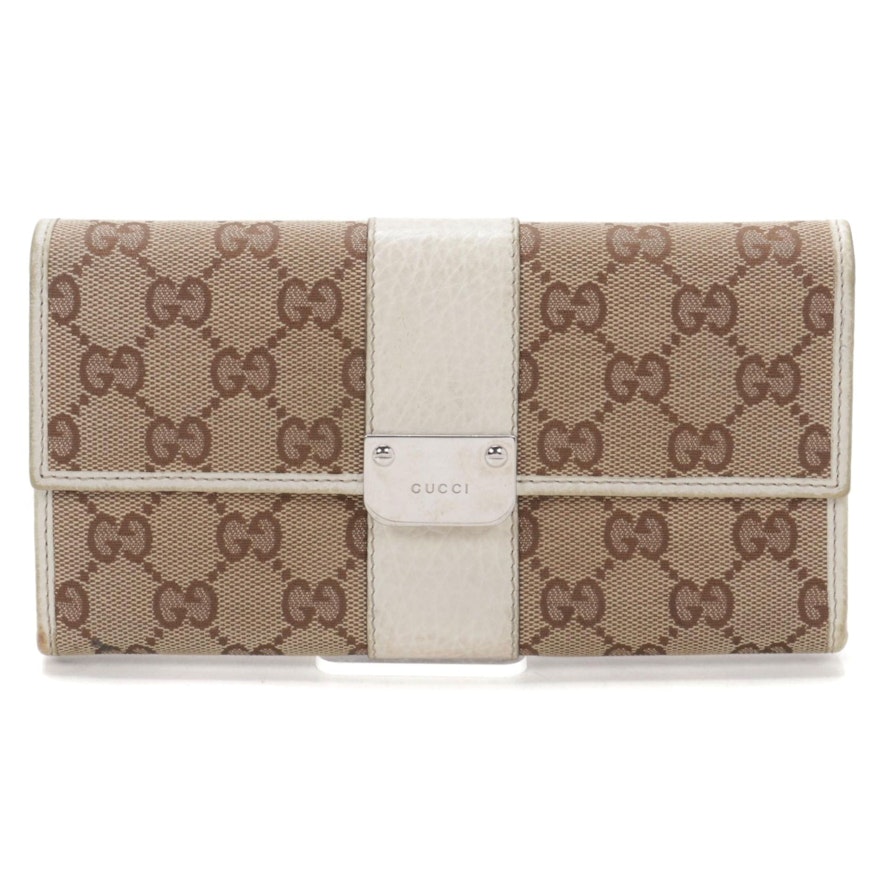 Gucci Long Wallet in GG Canvas and Grained White Leather