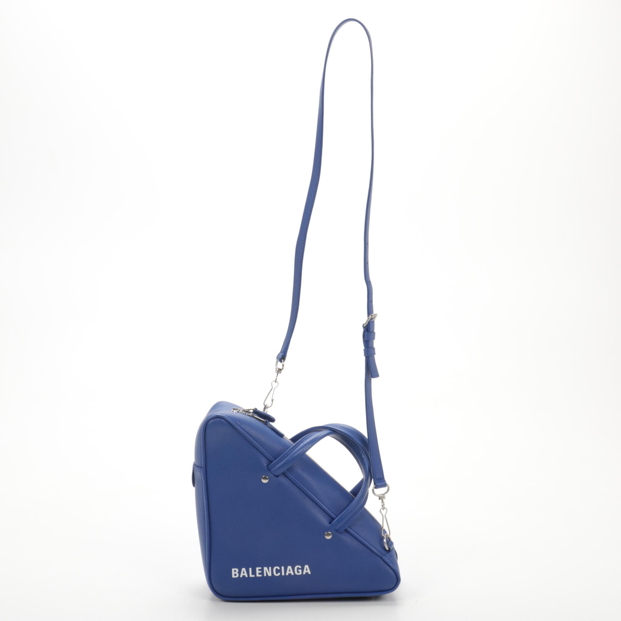 Balenciaga Medium Triangle Duffel in Blue Leather with Crossbody Strap