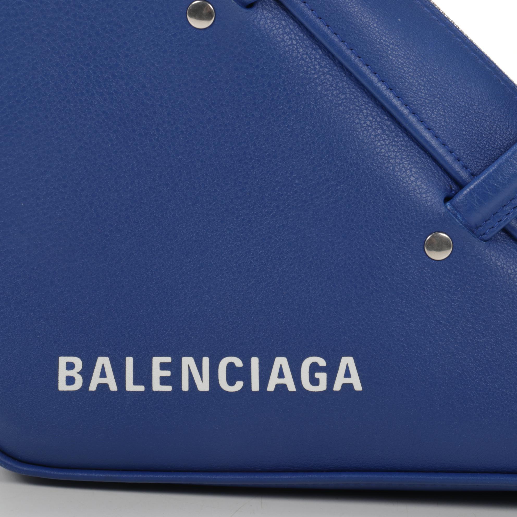 Balenciaga Medium Triangle Duffel in Blue Leather with Crossbody Strap
