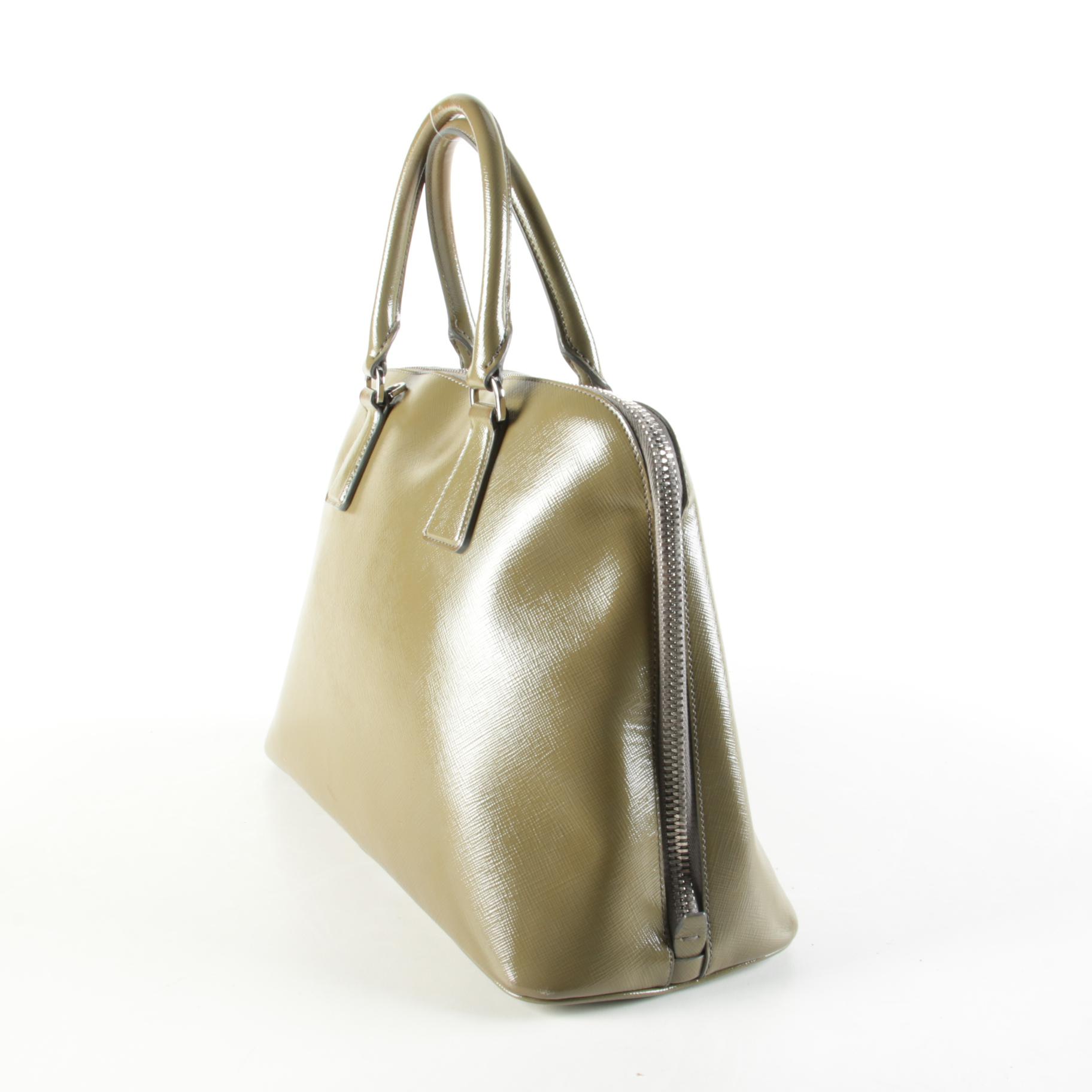 Prada Dome Satchel in Khaki Green Saffiano Leather with Shoulder Strap