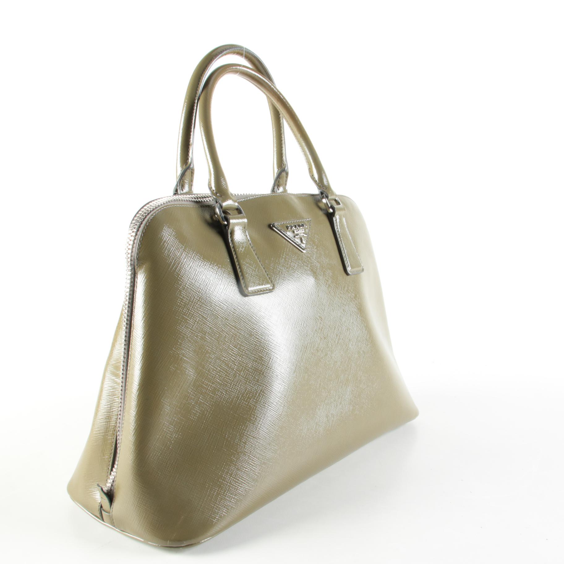 Prada Dome Satchel in Khaki Green Saffiano Leather with Shoulder Strap