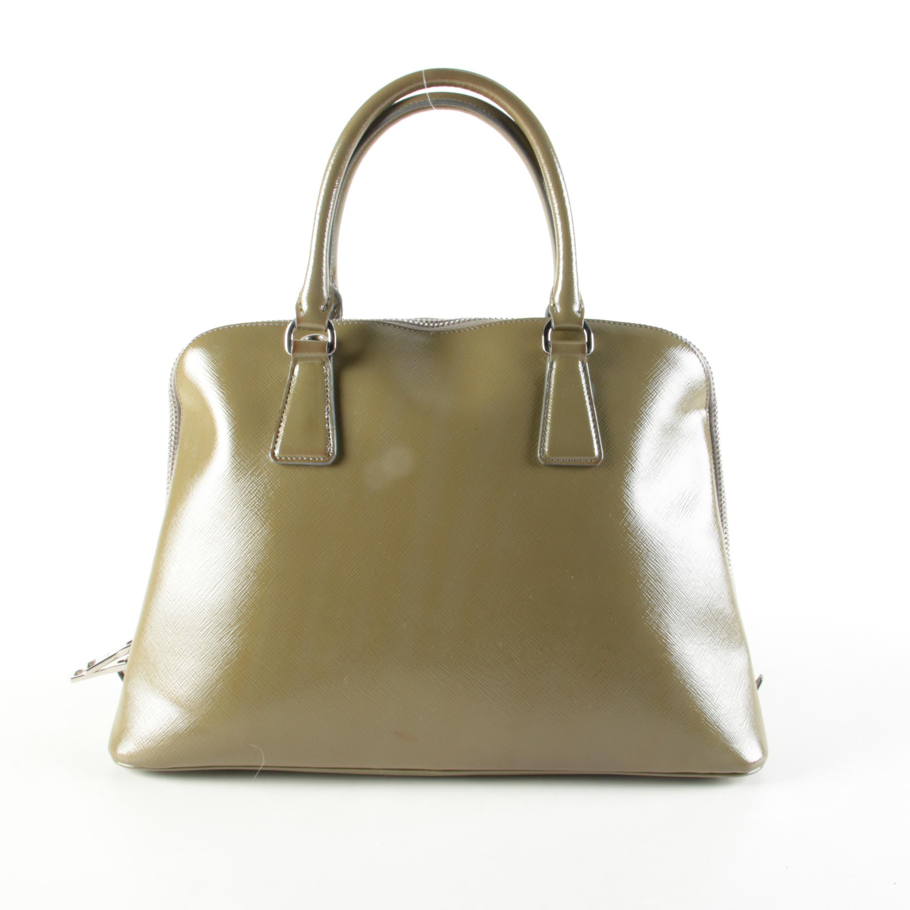 Prada Dome Satchel in Khaki Green Saffiano Leather with Shoulder Strap