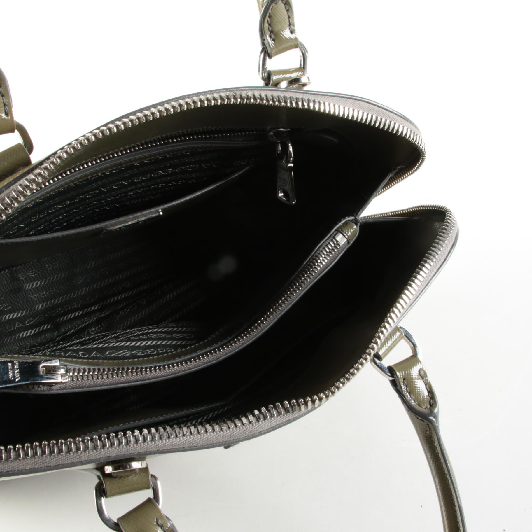 Prada Dome Satchel in Khaki Green Saffiano Leather with Shoulder Strap