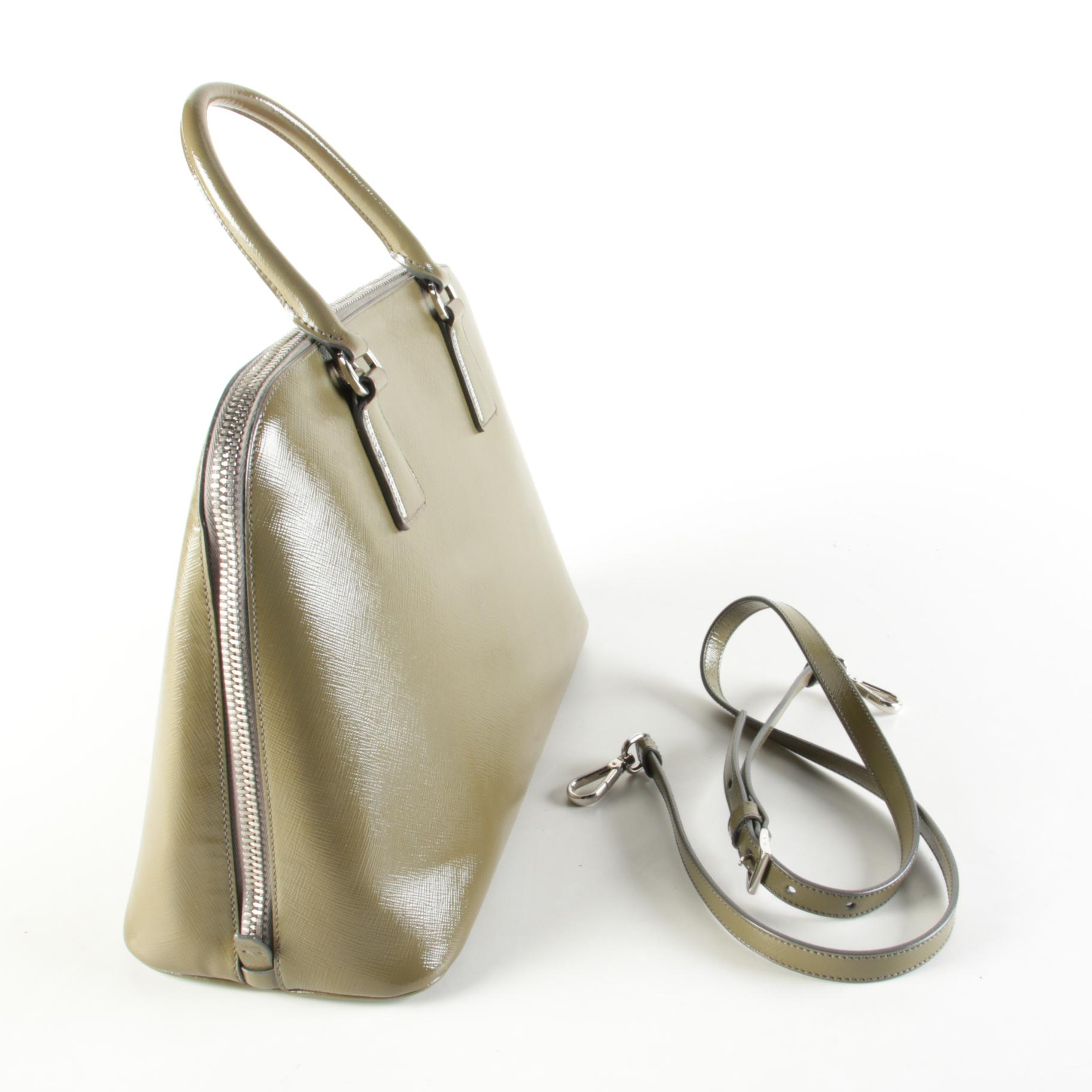 Prada Dome Satchel in Khaki Green Saffiano Leather with Shoulder Strap