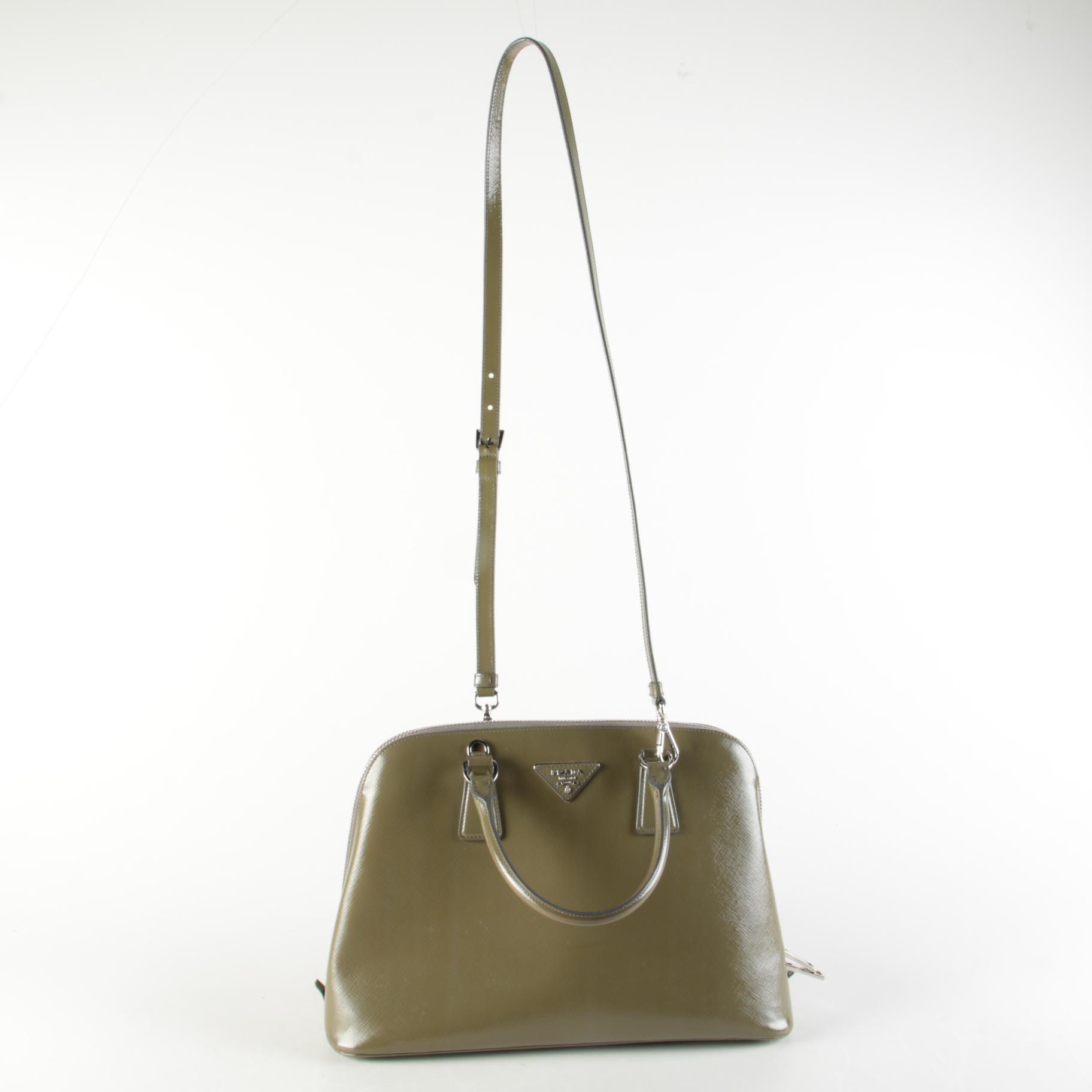 Prada Dome Satchel in Khaki Green Saffiano Leather with Shoulder Strap