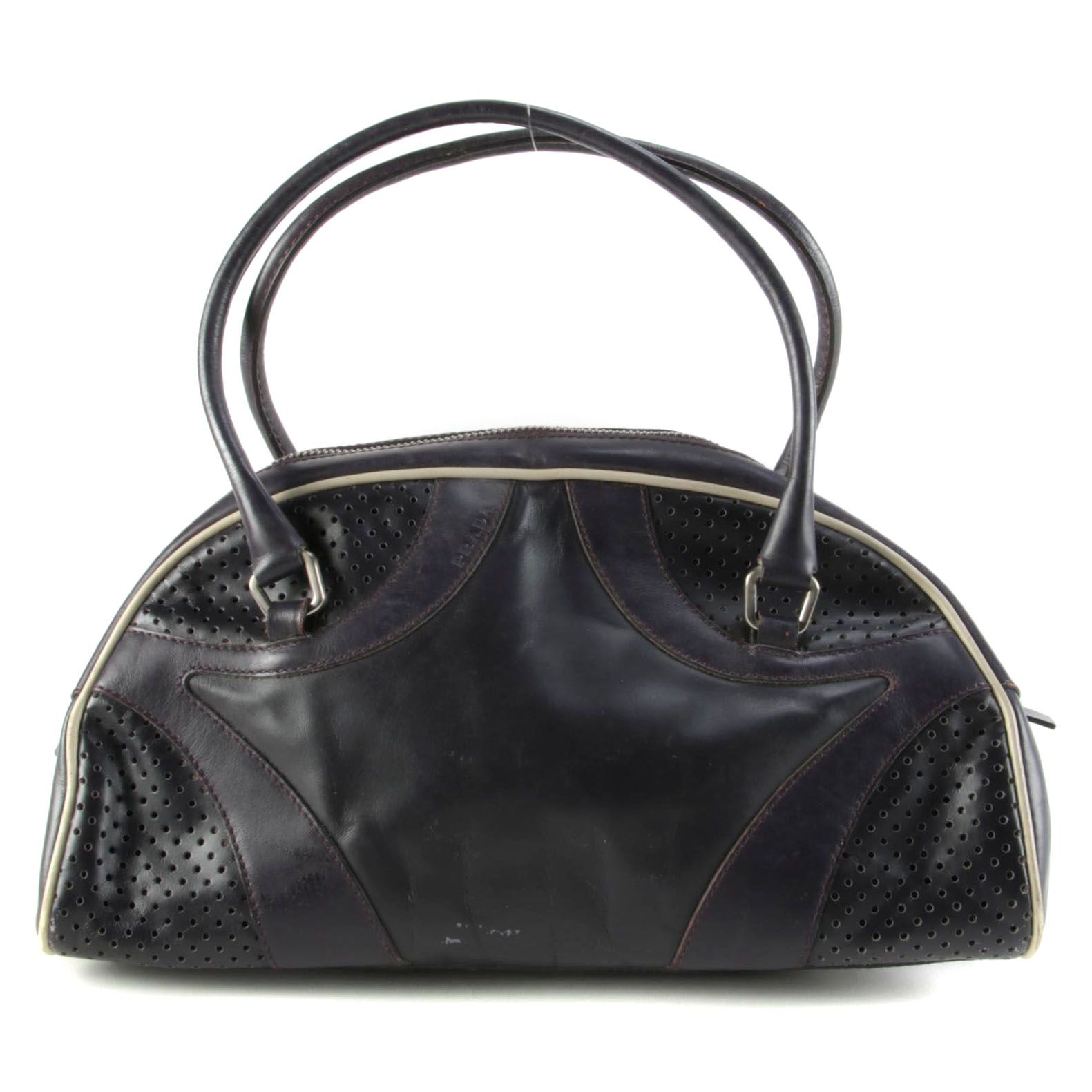 Modified Prada Vitello Drive Perforated Bowler Bag in Dark Aubergine Leather