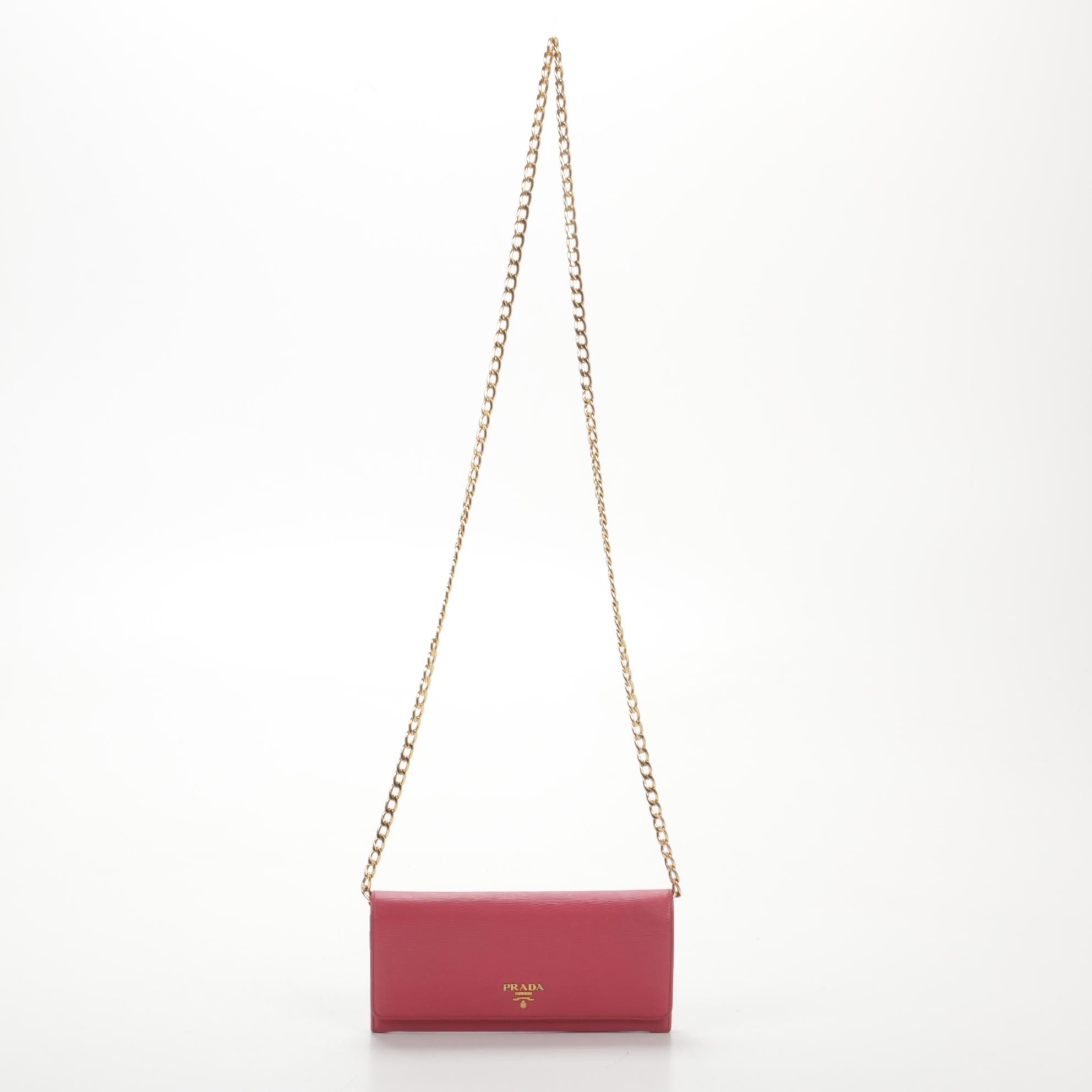 Prada Wallet on Chain in Textured Pink Leather
