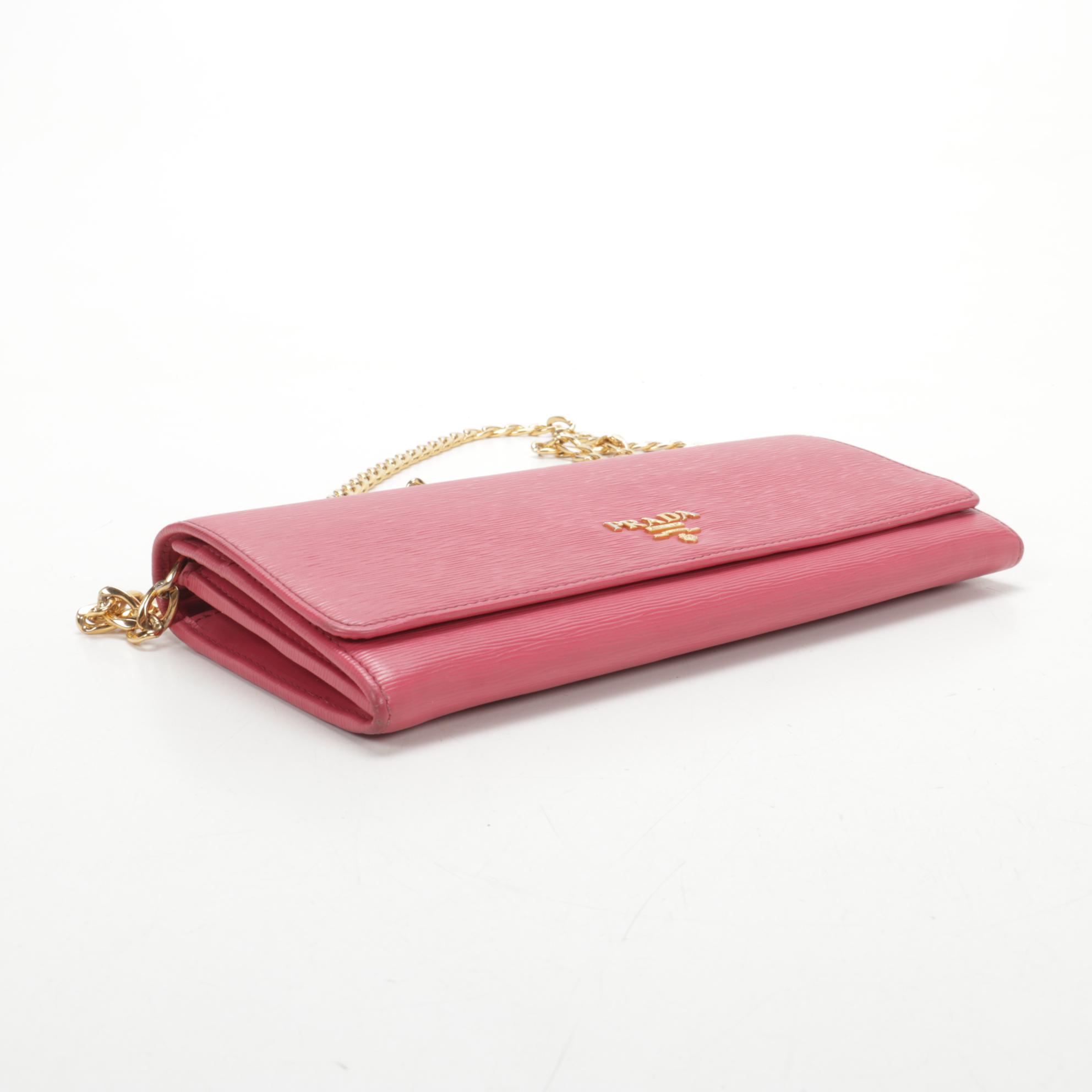 Prada Wallet on Chain in Textured Pink Leather
