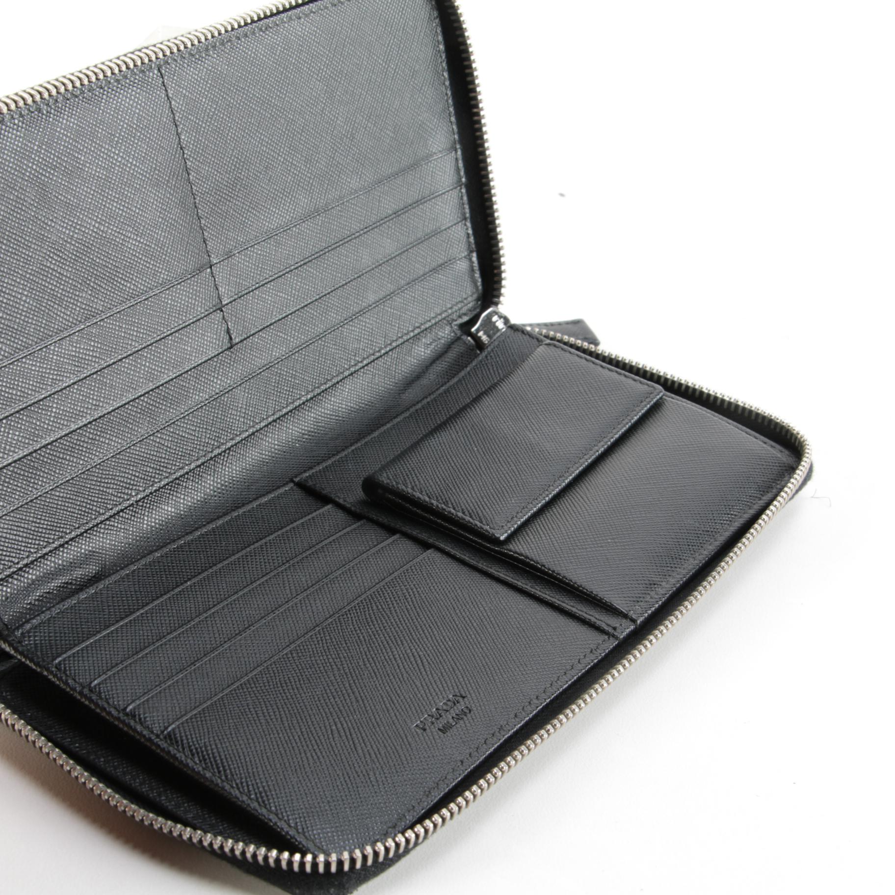 Prada Zip Around Wallet in Black Saffiano Leather