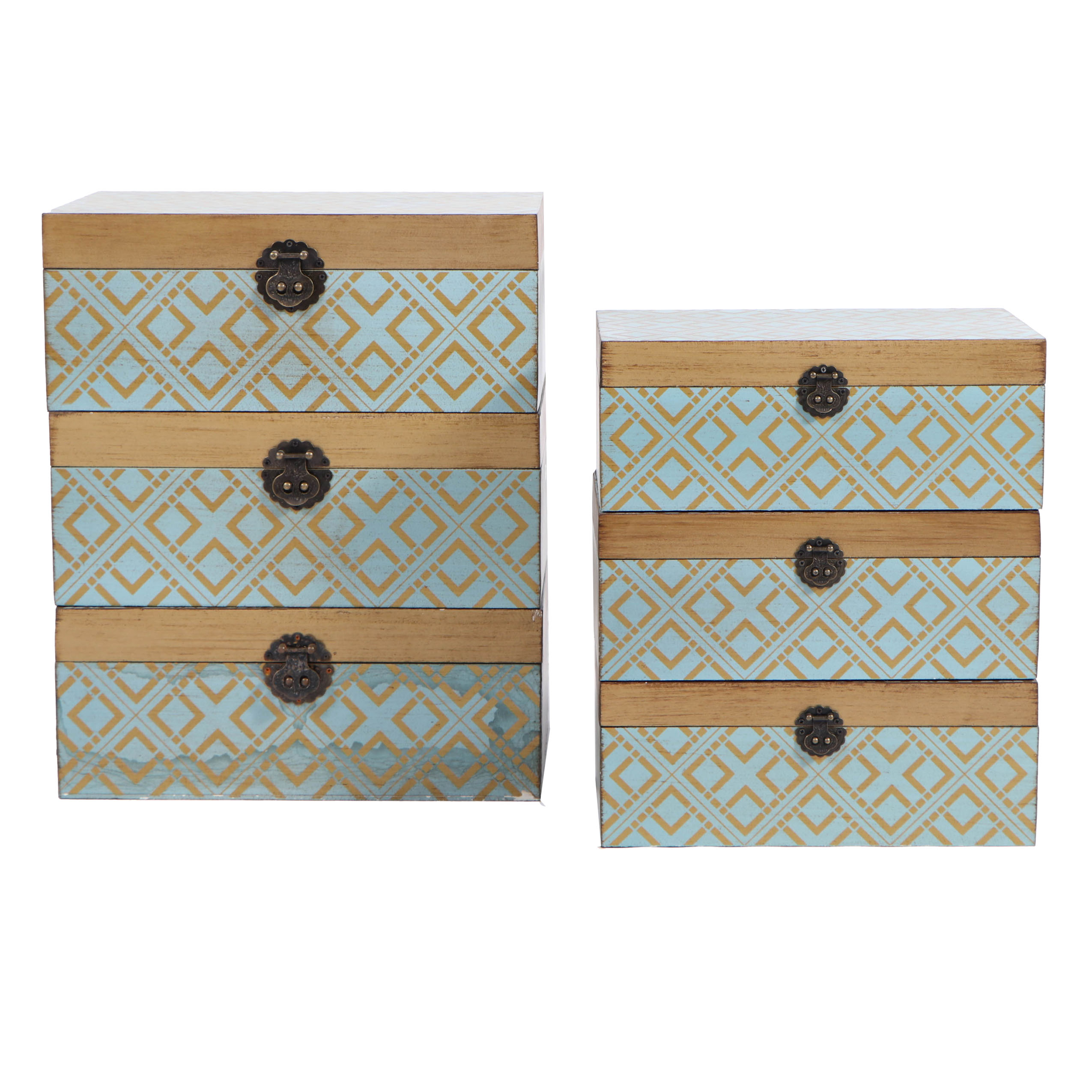 Modern Geometric Gold-Tone and Teal Storage Boxes