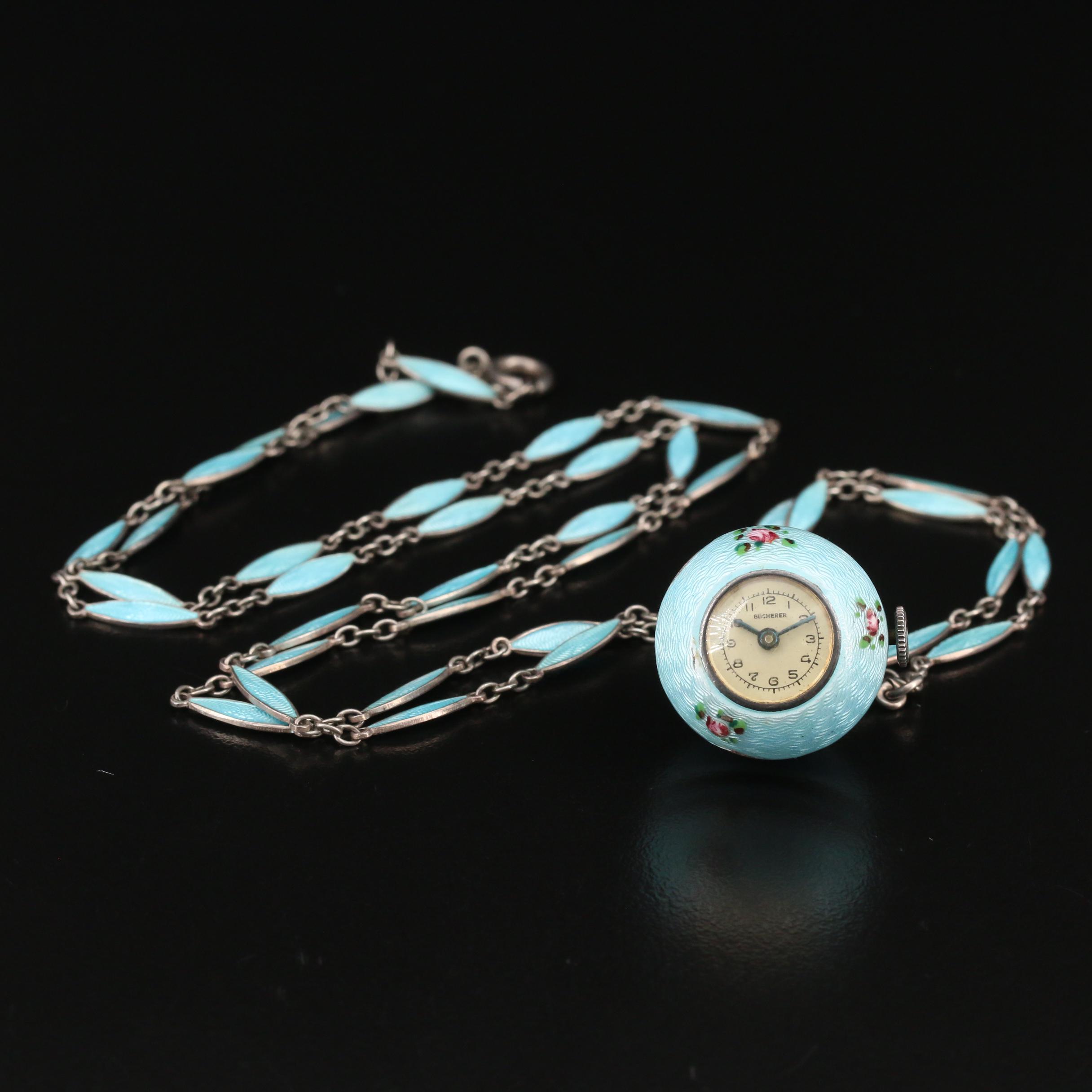 Vintage Bucherer Enamel and Sterling Silver Pendant Watch