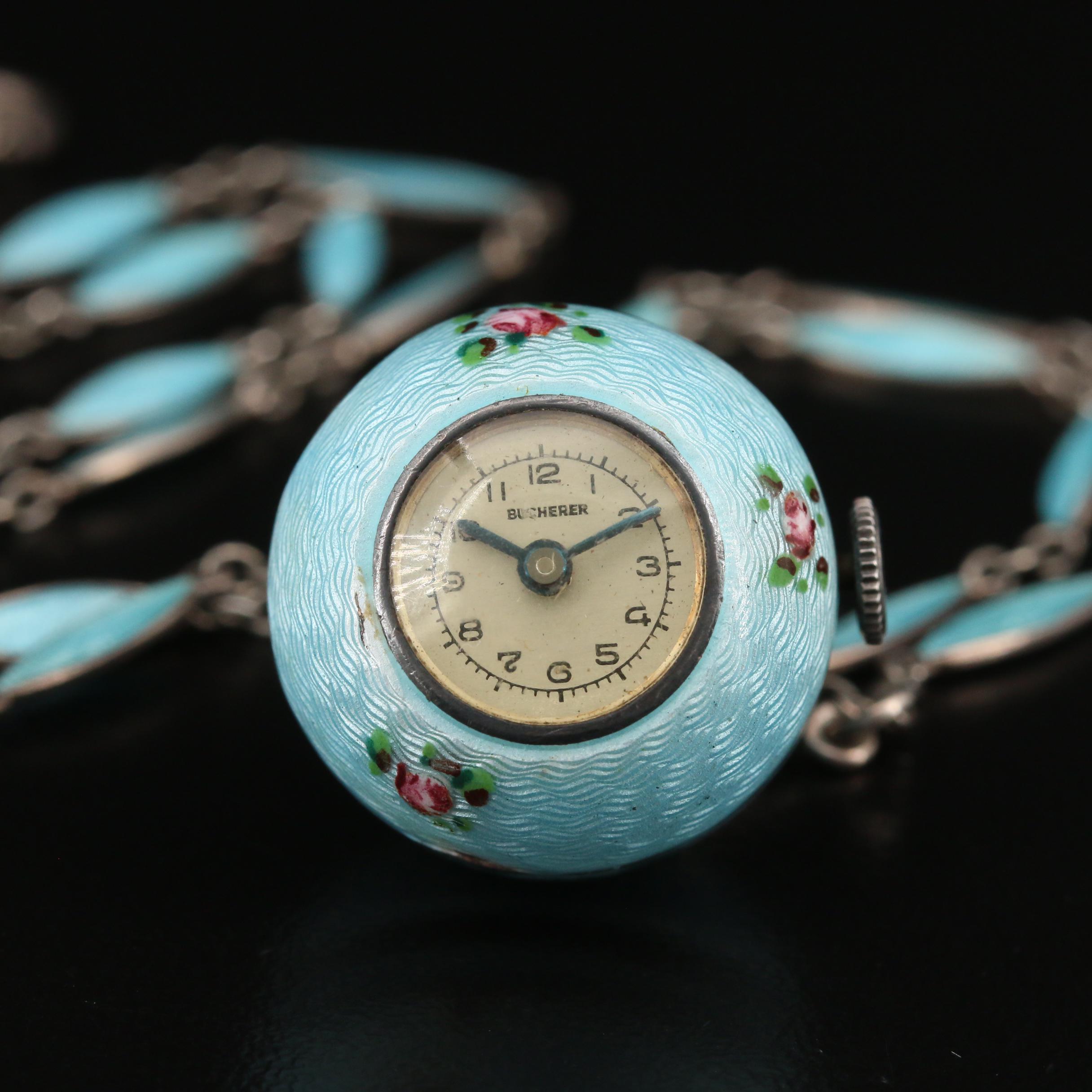 Vintage Bucherer Enamel and Sterling Silver Pendant Watch