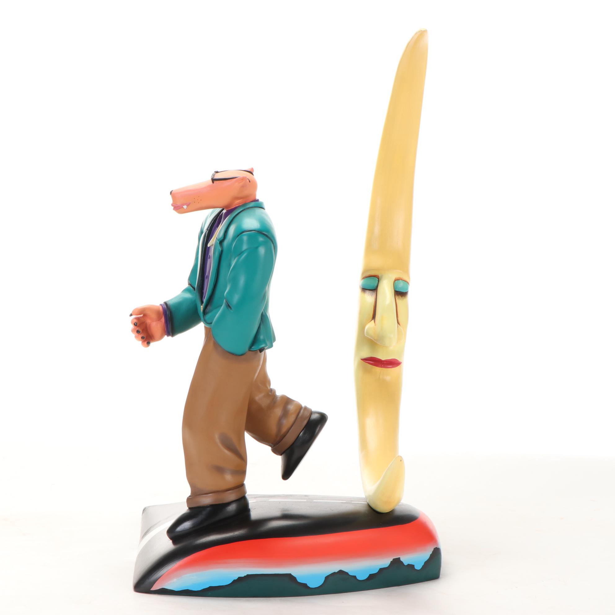 Painted Wood Sculpture after Markus Pierson of Coyote with Moon, 1992