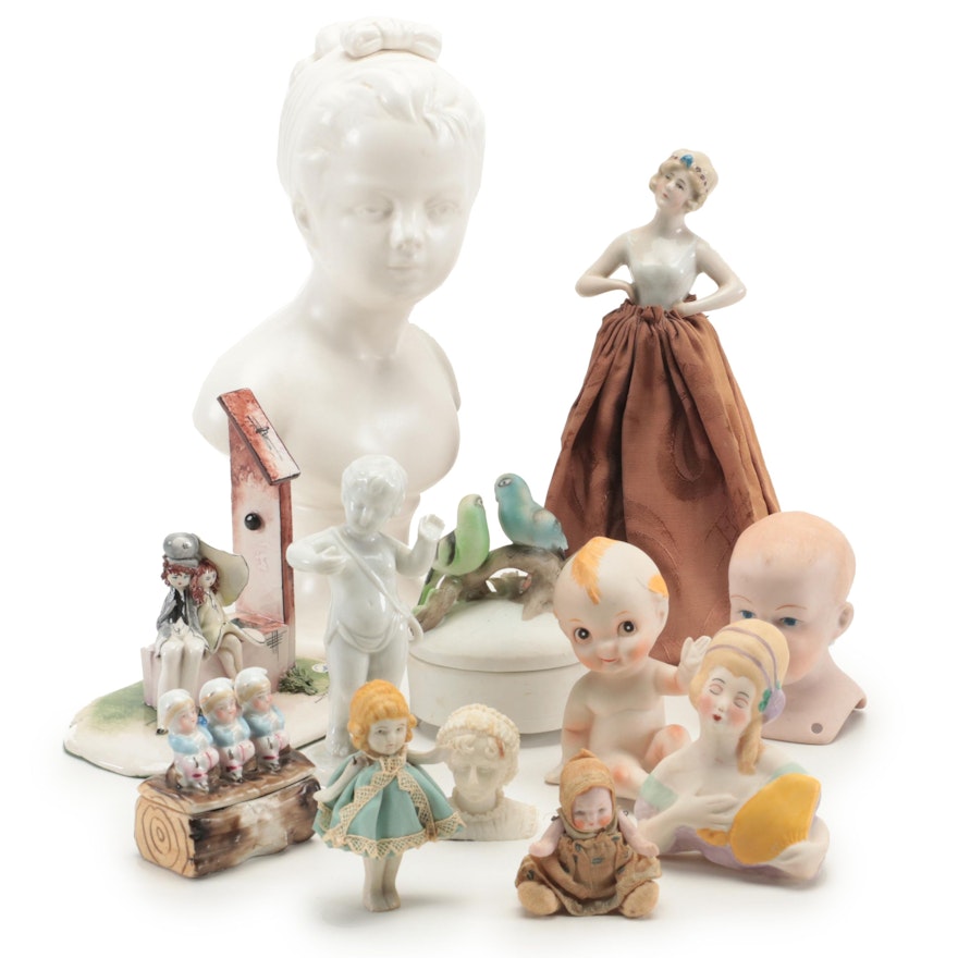 German Half Doll and Other Bisque and Porcelain Dolls and Figurines