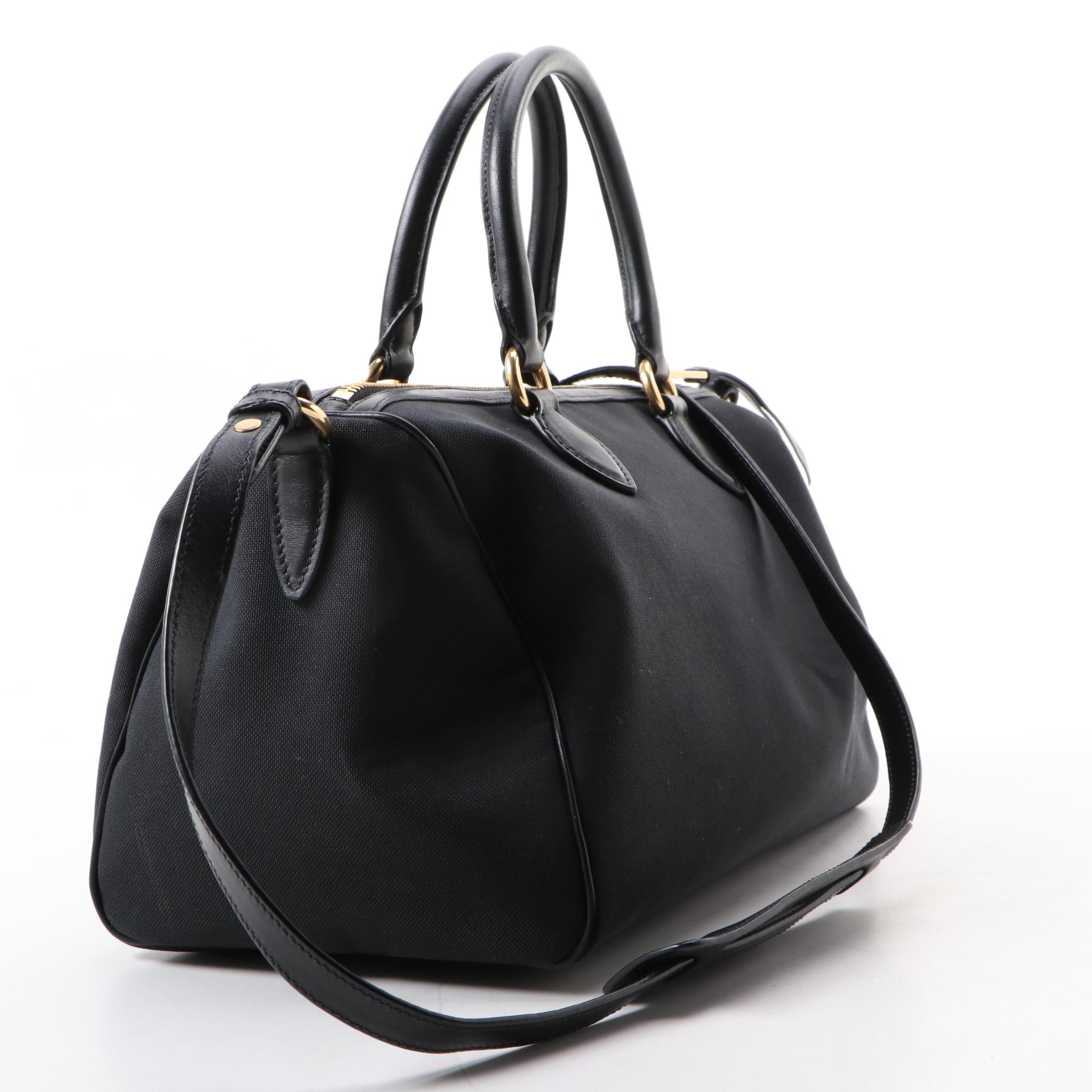 Prada Black Logo Canapa Canvas and Leather Two-Way Bag